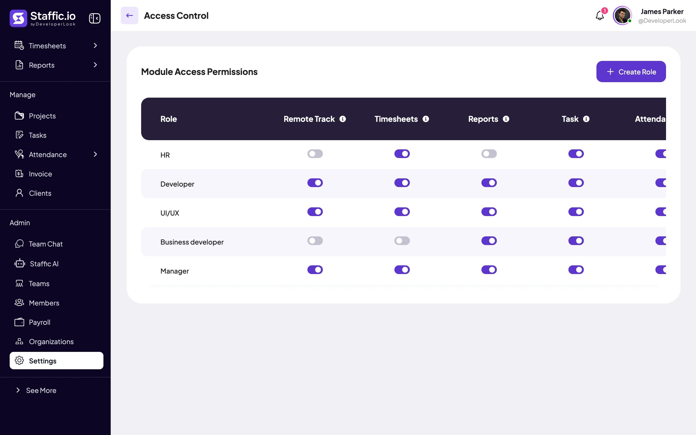 Access Control page with a role row and an on or off switch for each module
