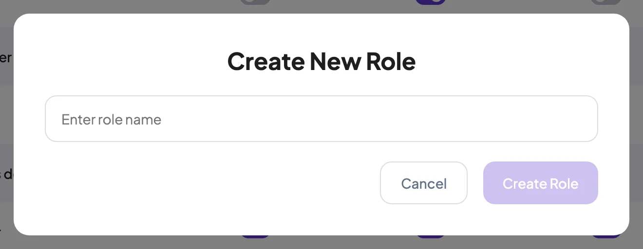 Create New Role dialog with a role name field and Create Role button
