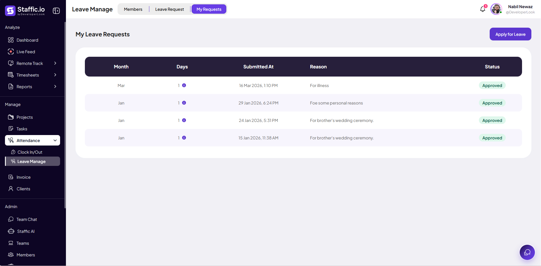 My Requests tab with Apply for Leave button and table of personal leave history