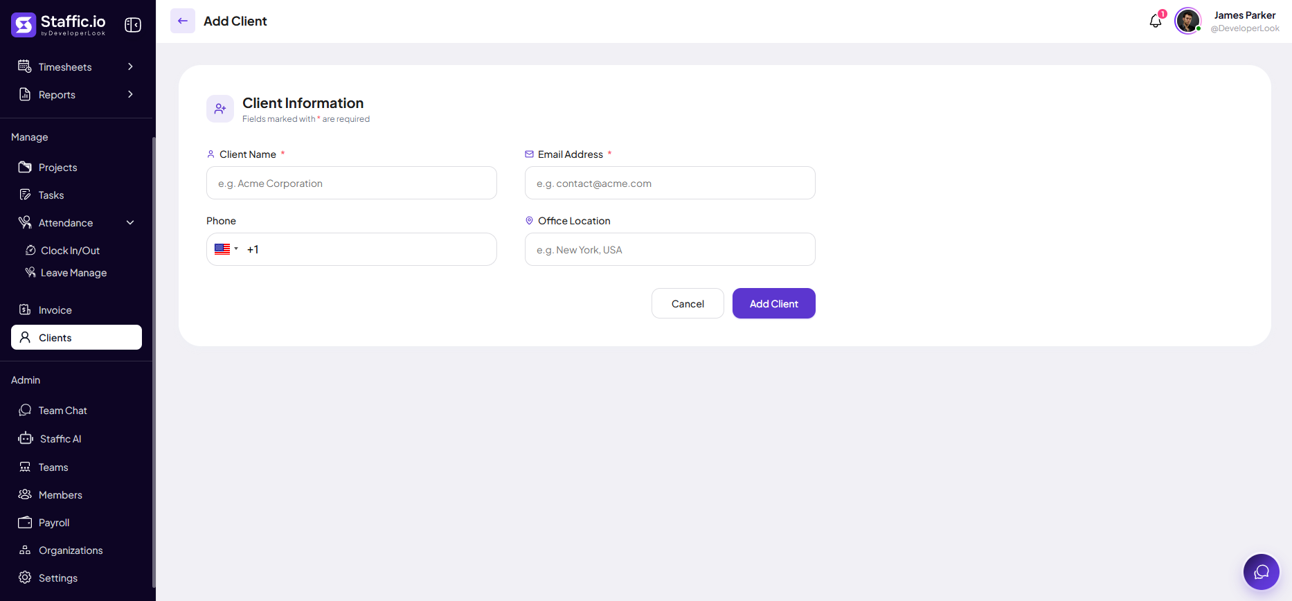 Add Client form with Client Name, Email, Phone, and Office Location fields