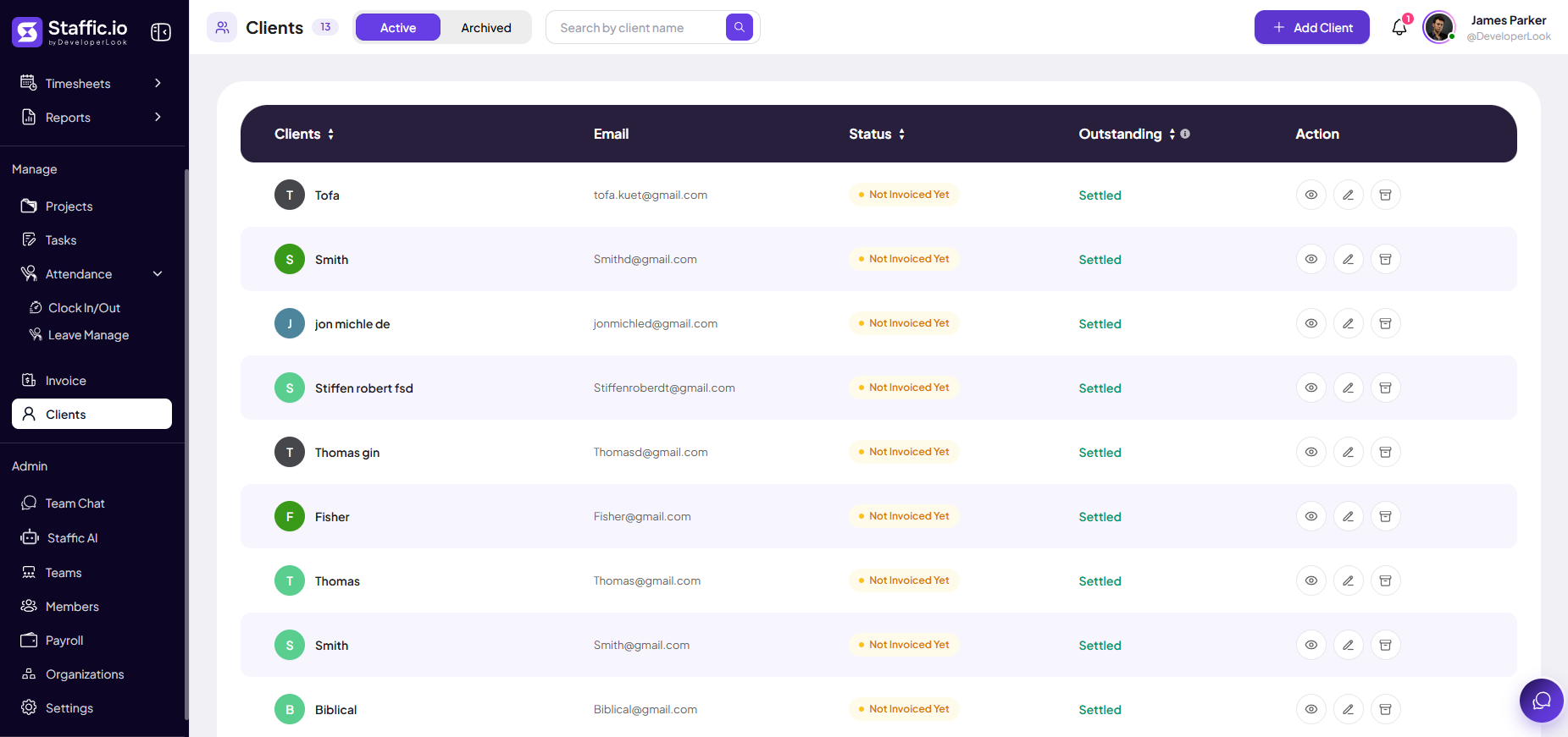 Clients page with Active tab, search, client table showing email, status, and outstanding columns