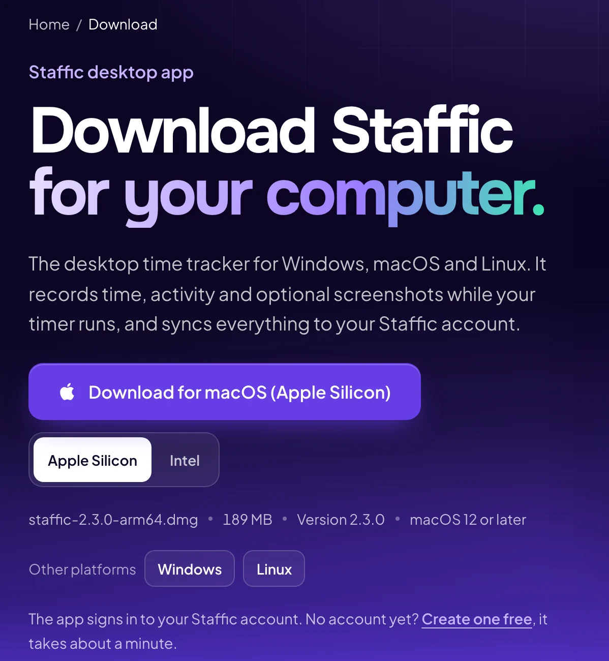 Staffic download page with the main download button, chip choices and buttons for the other platforms