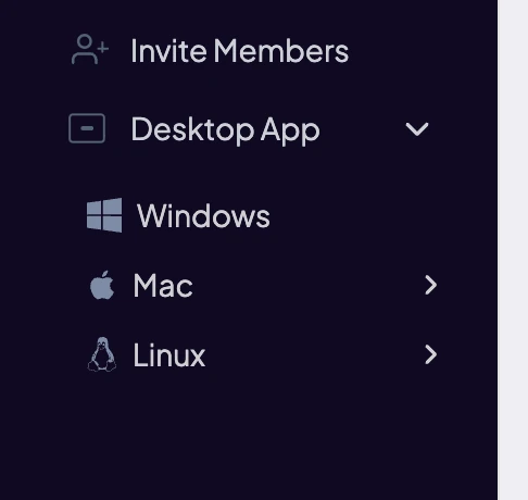 Web app sidebar with See More > Desktop App open, showing Windows, Mac and Linux download links