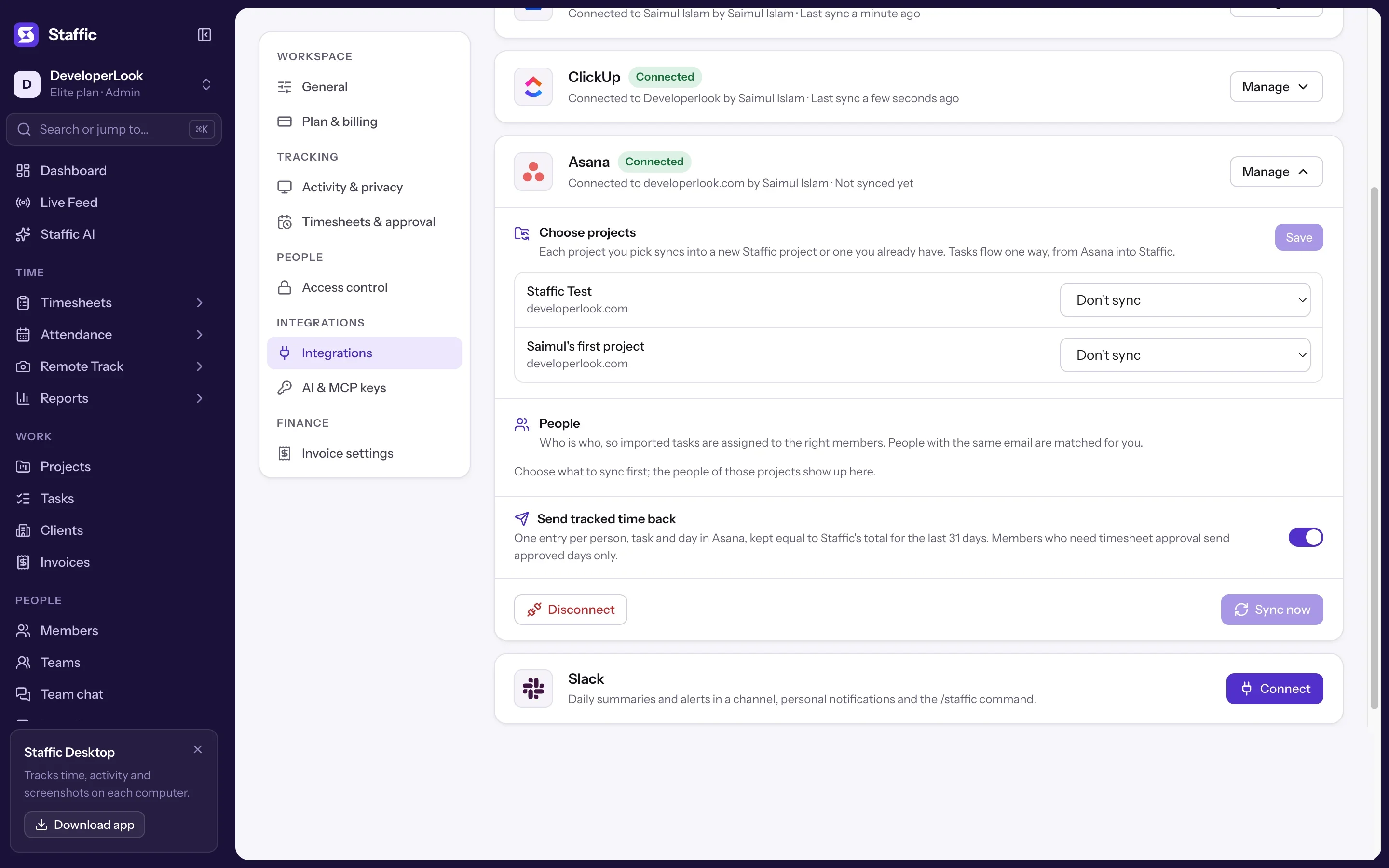 Asana panel with Choose projects: Staffic Test and Saimul's first project in developerlook.com
