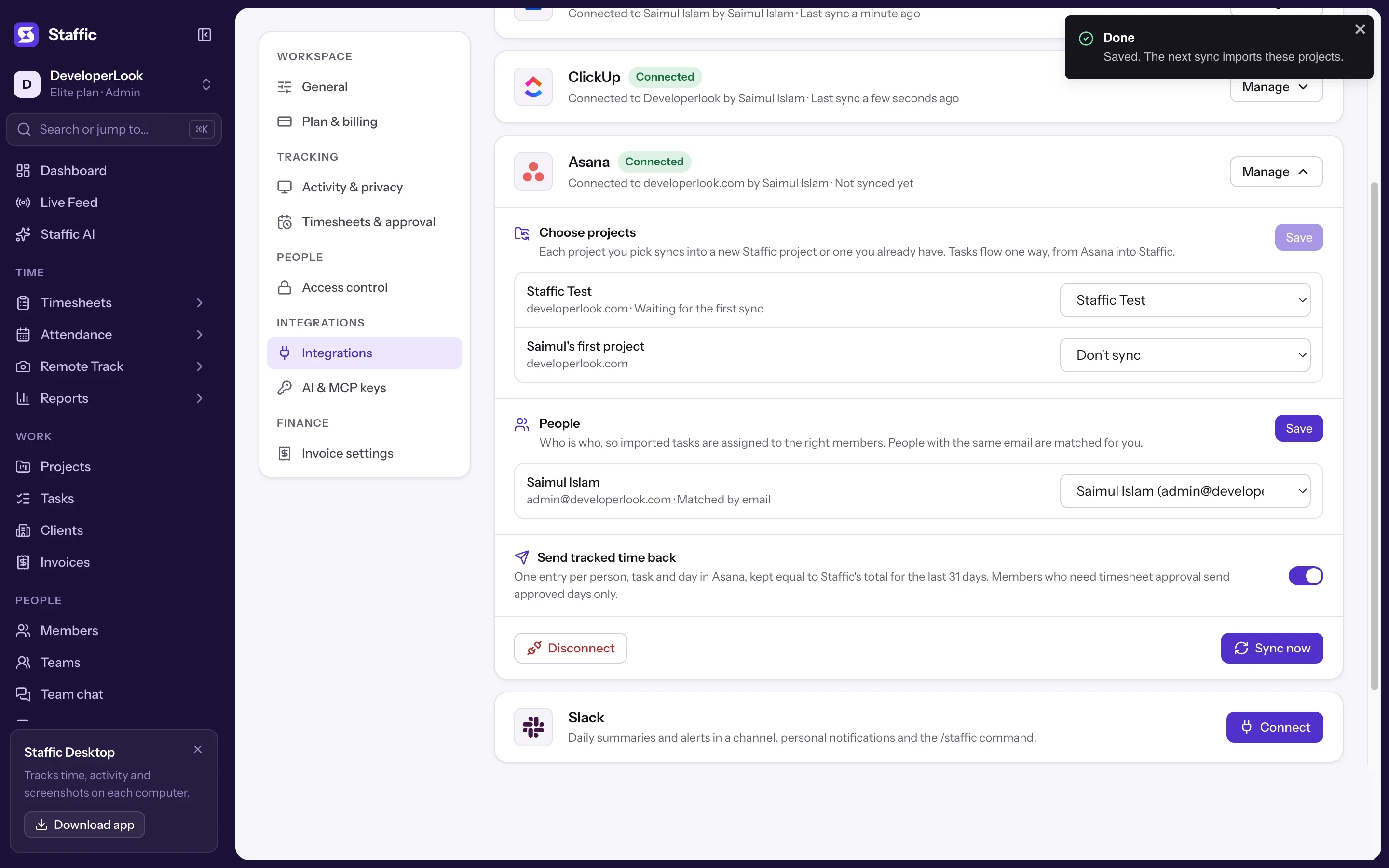 Asana panel after saving: Staffic Test waiting for the first sync and Saimul Islam matched by email