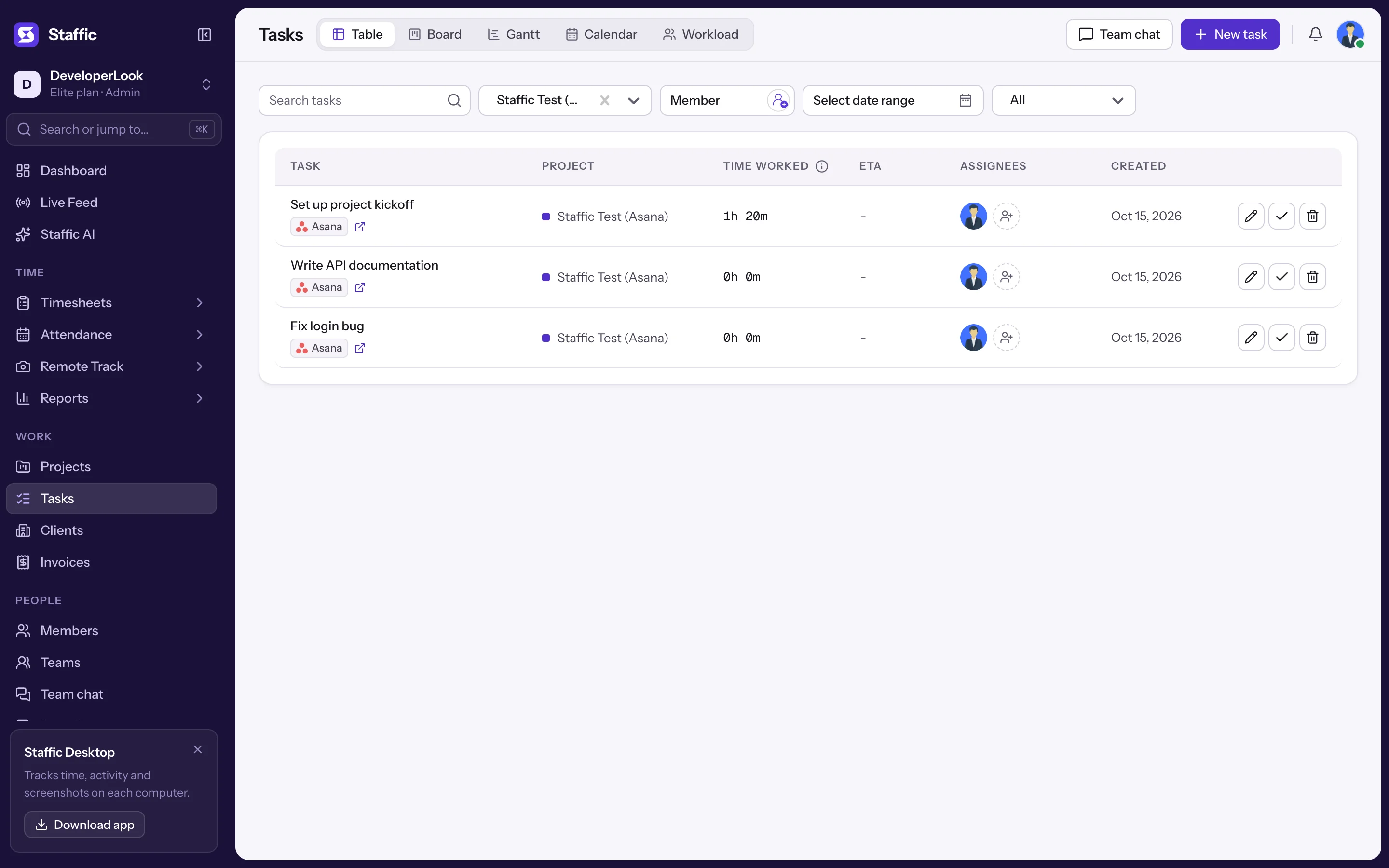 Tasks filtered to the Asana project: three tasks with Asana badges and 1h 20m on Set up project kickoff
