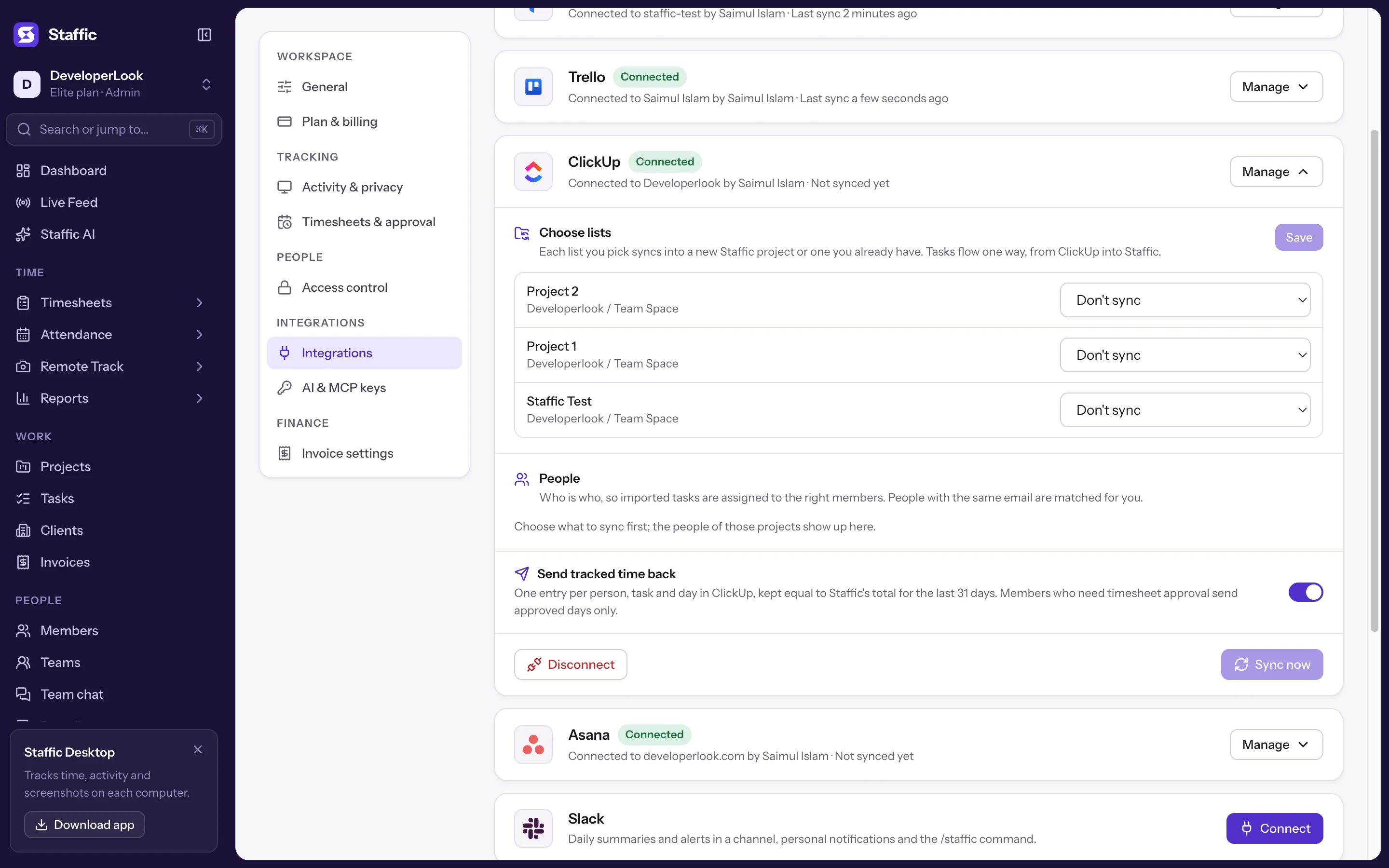 ClickUp panel with Choose lists: Project 2, Project 1 and Staffic Test, each under Developerlook / Team Space