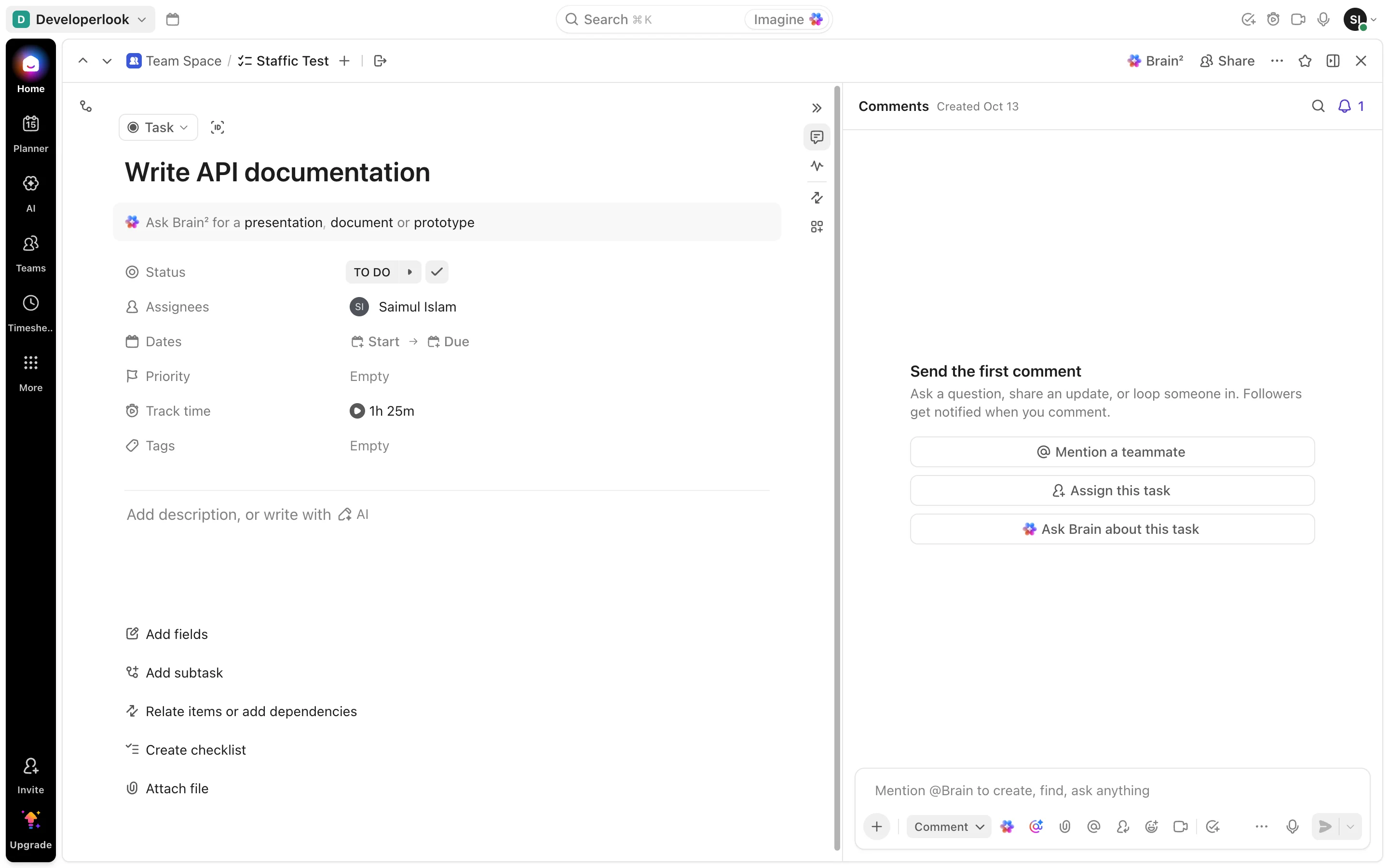 ClickUp task Write API documentation with Track time showing 1h 25m from Staffic