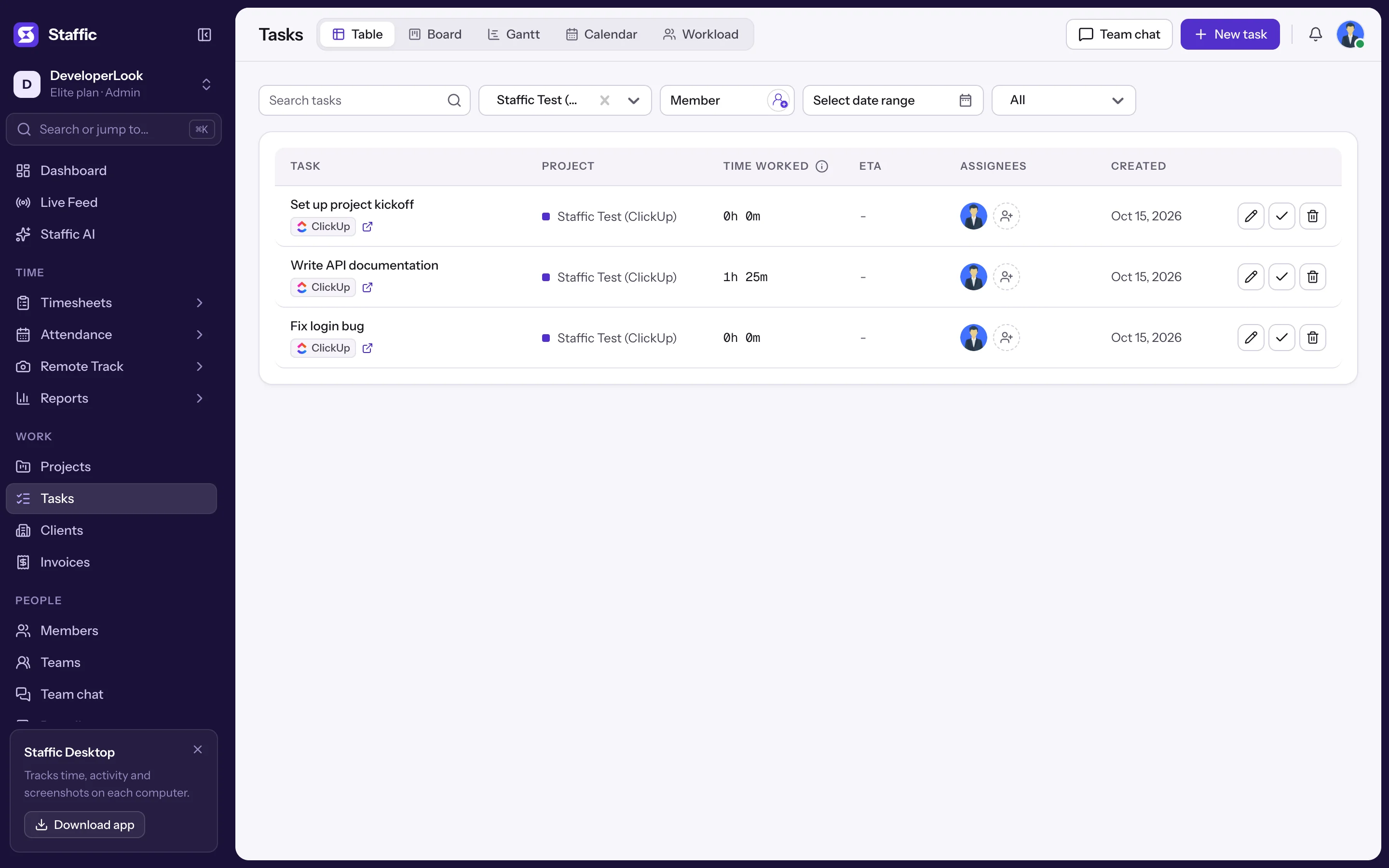 Tasks filtered to the ClickUp list: three tasks with ClickUp badges and 1h 25m on Write API documentation