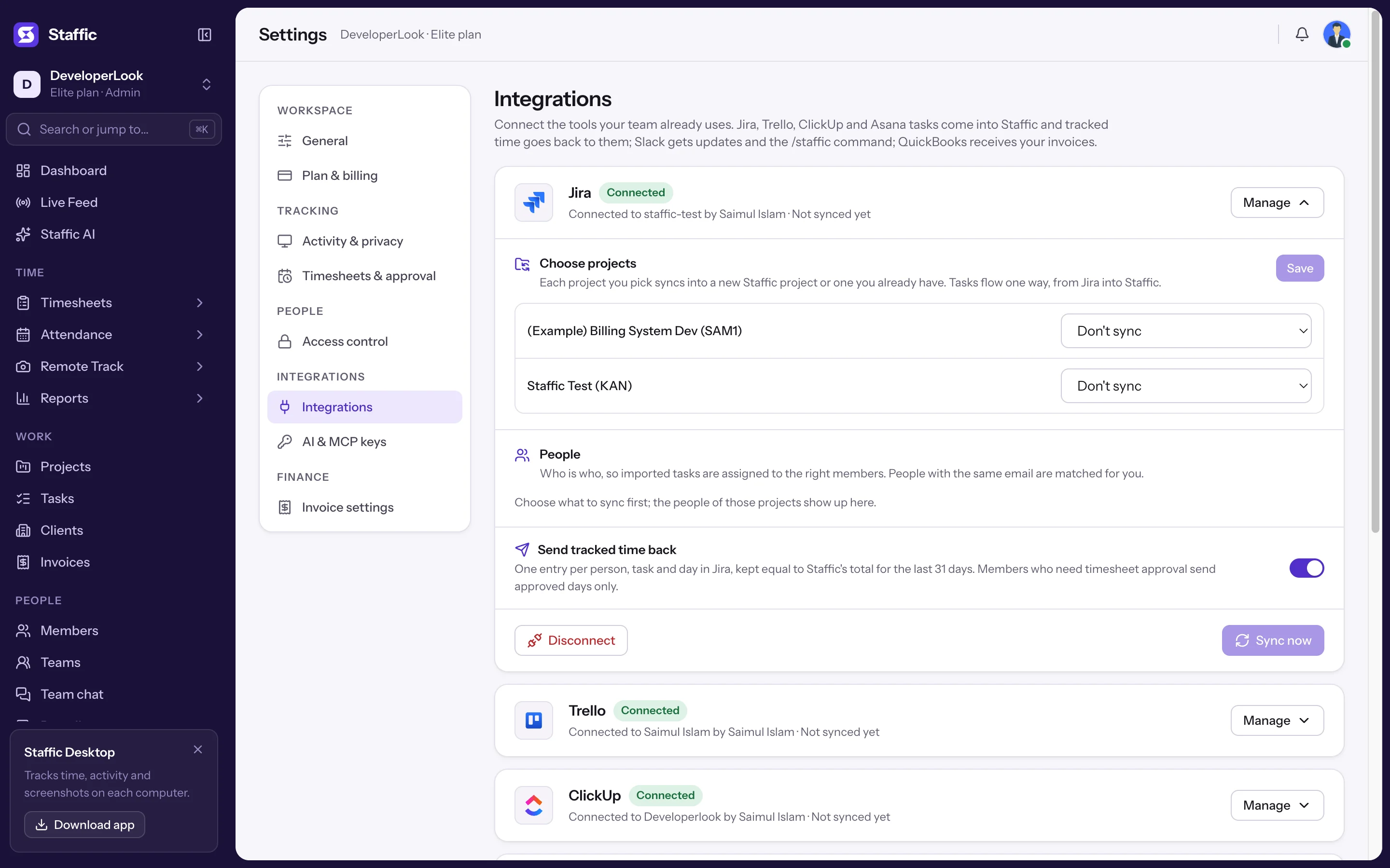 Jira panel with Choose projects, People, Send tracked time back, Sync now and Disconnect
