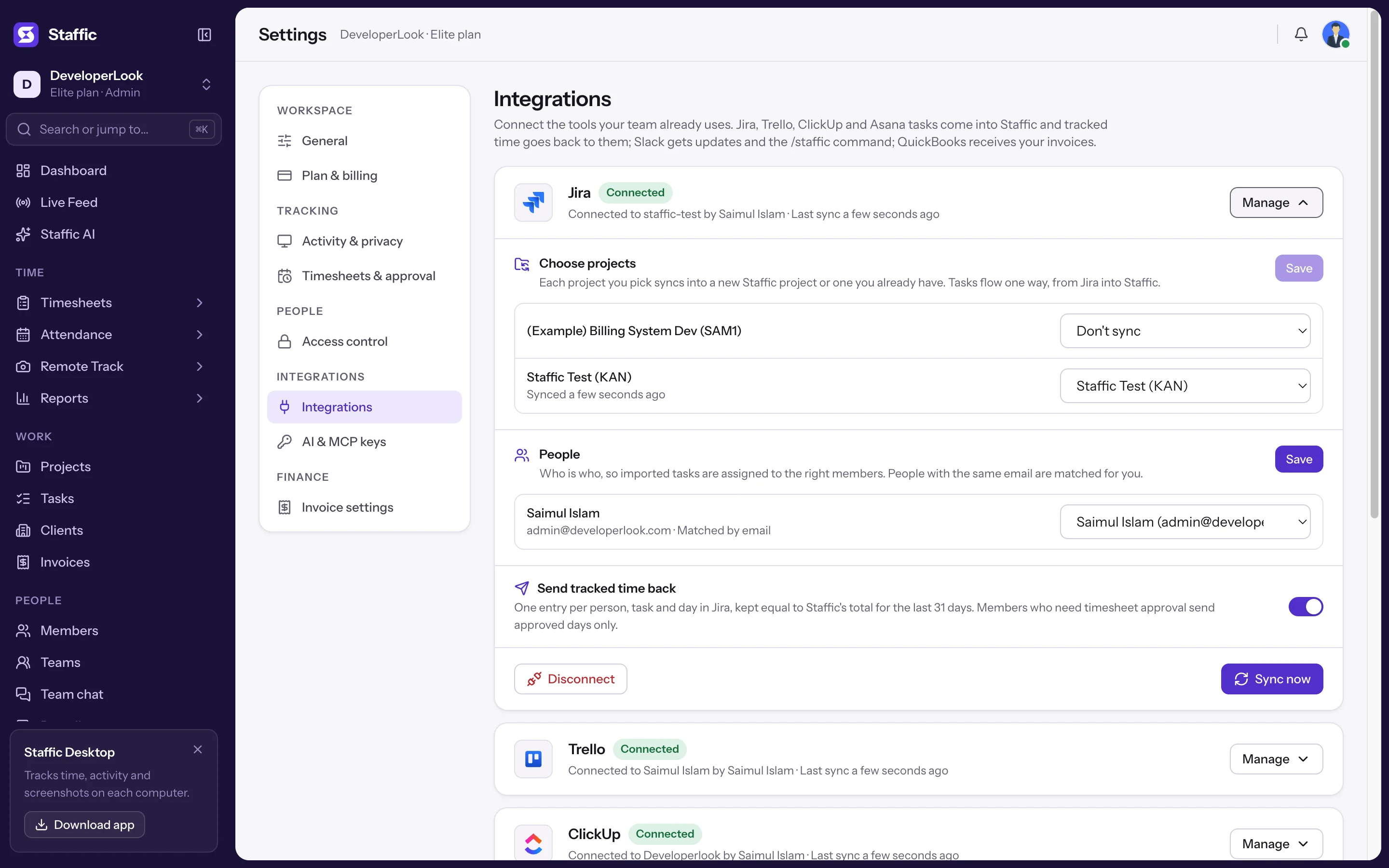 Jira panel after Sync now: project synced a few seconds ago and Saimul Islam matched by email