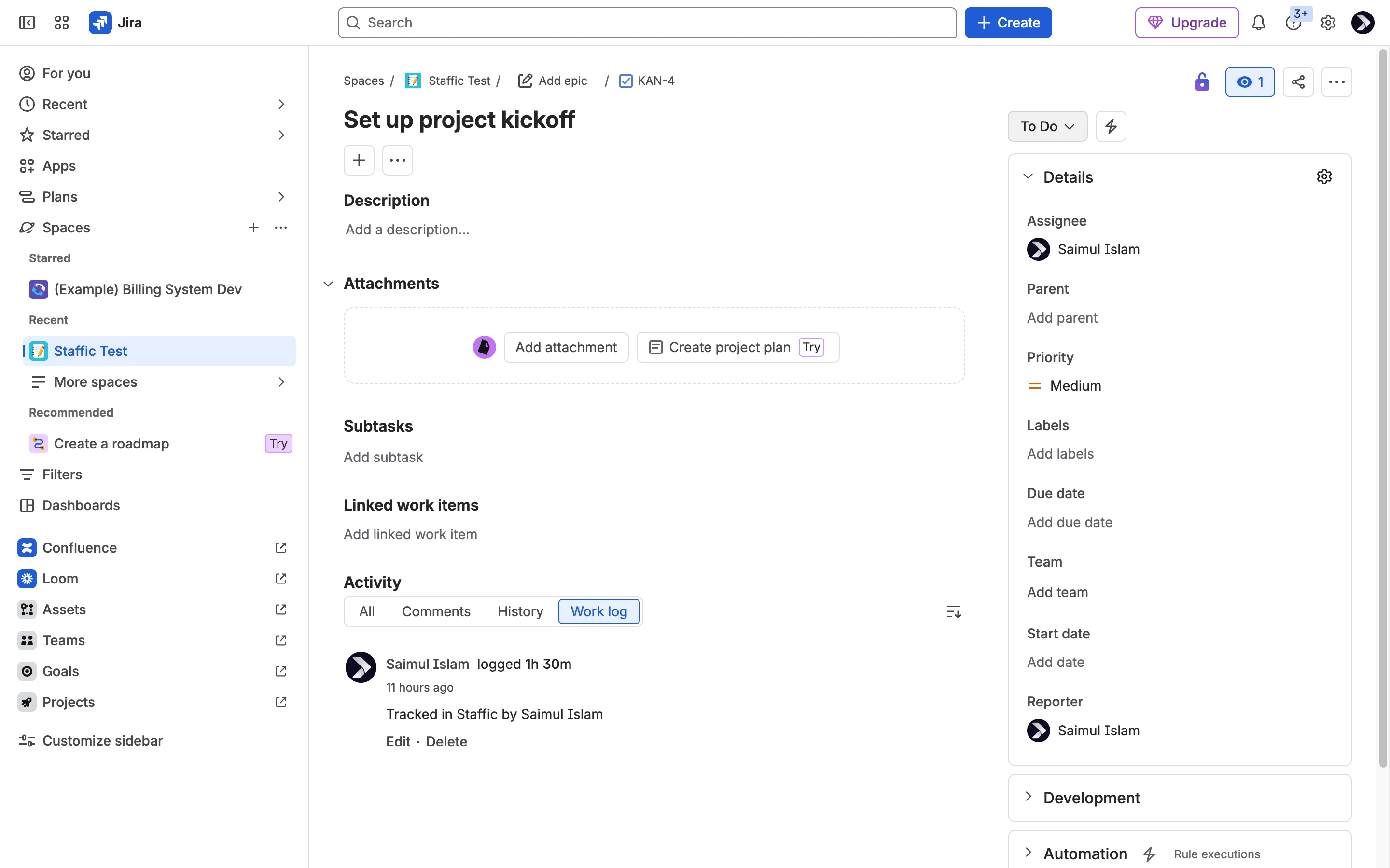 Jira issue KAN-4 work log: 1h 30m logged with the comment Tracked in Staffic by Saimul Islam