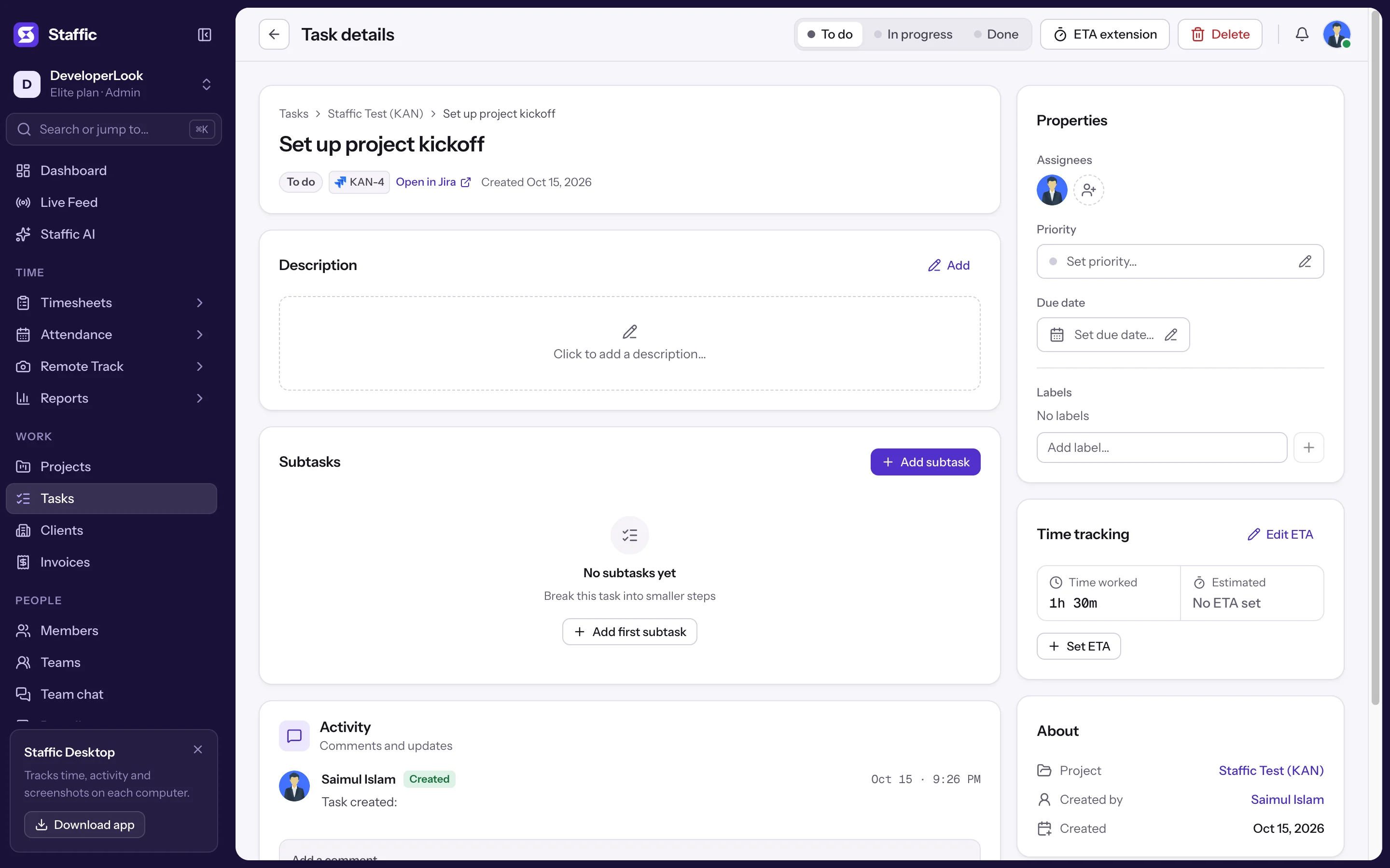 Task details for KAN-4 Set up project kickoff with Open in Jira and 1h 30m worked