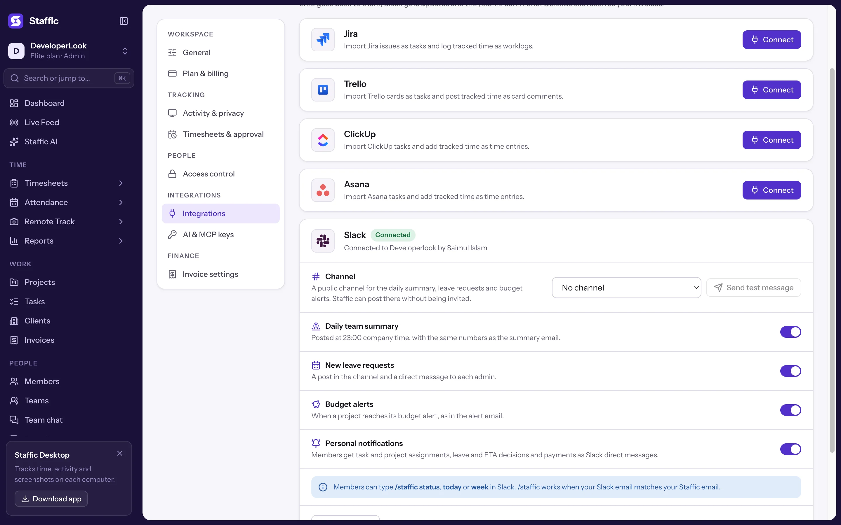 Slack panel: channel picker, Send test message, four update switches and the /staffic note