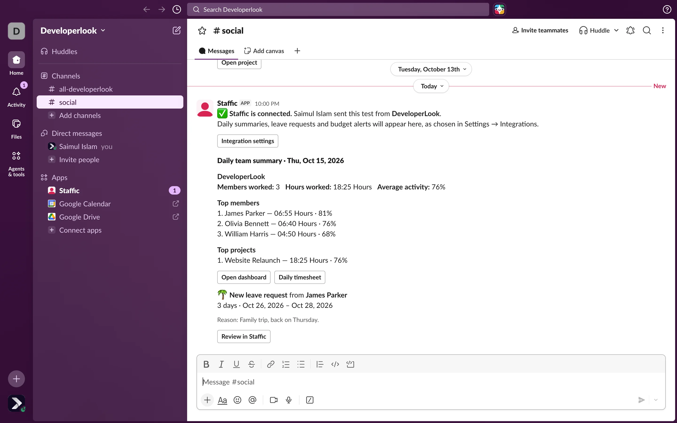 Slack #social with the Staffic connected message, the daily team summary for DeveloperLook and a leave request from James Parker