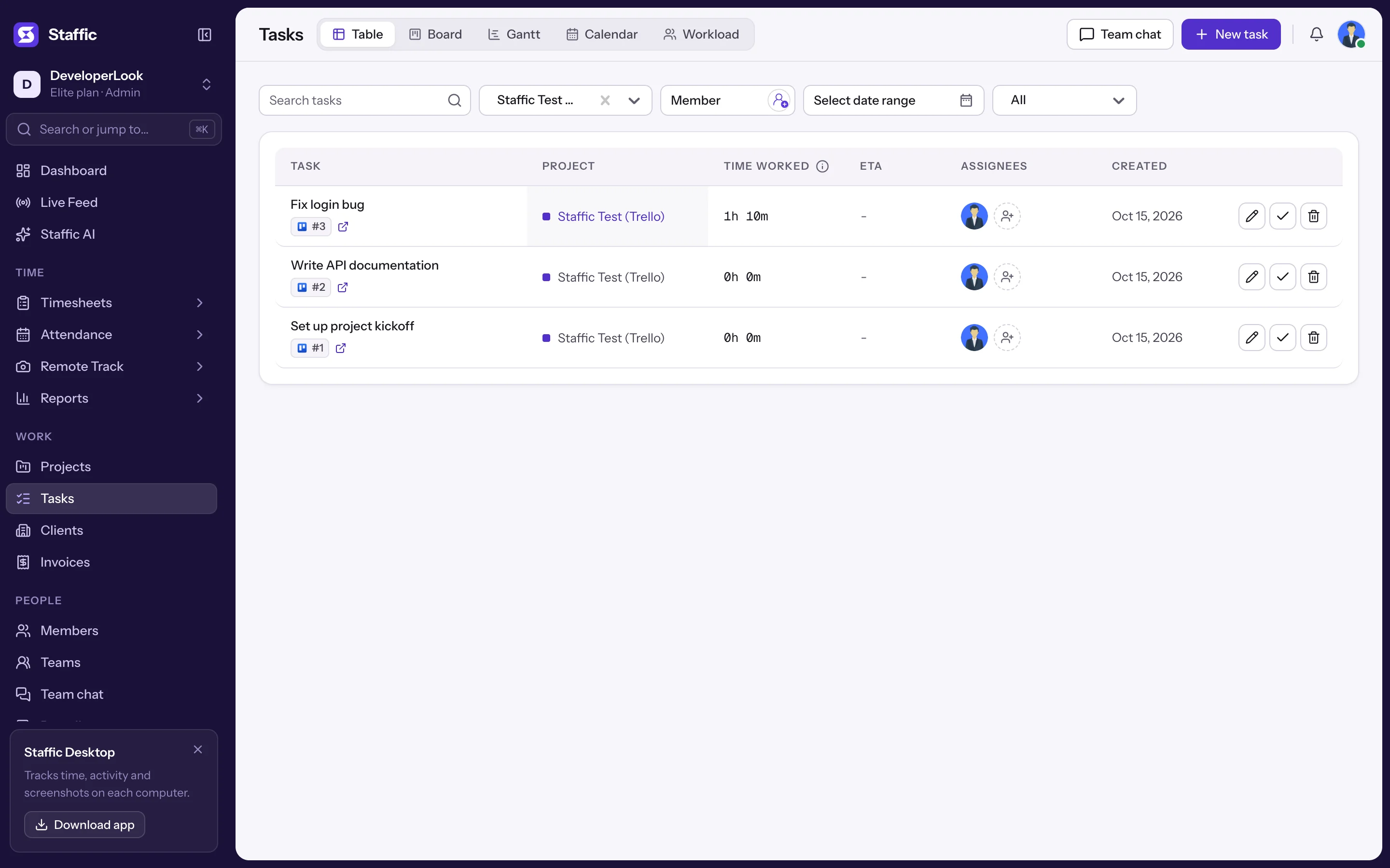 Tasks filtered to the Trello board: cards #1 to #3 and 1h 10m on Fix login bug