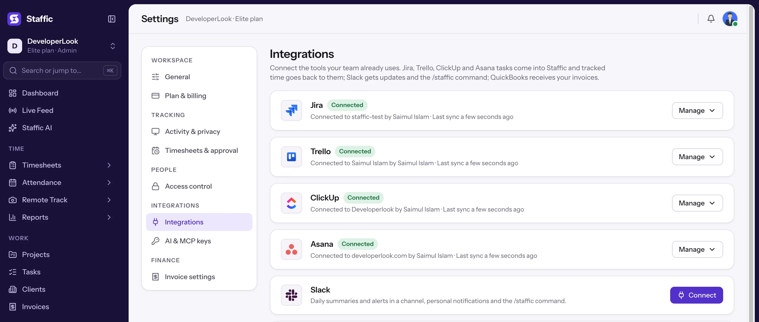 Integrations with Jira, Trello, ClickUp and Asana connected, each showing its account and last sync time