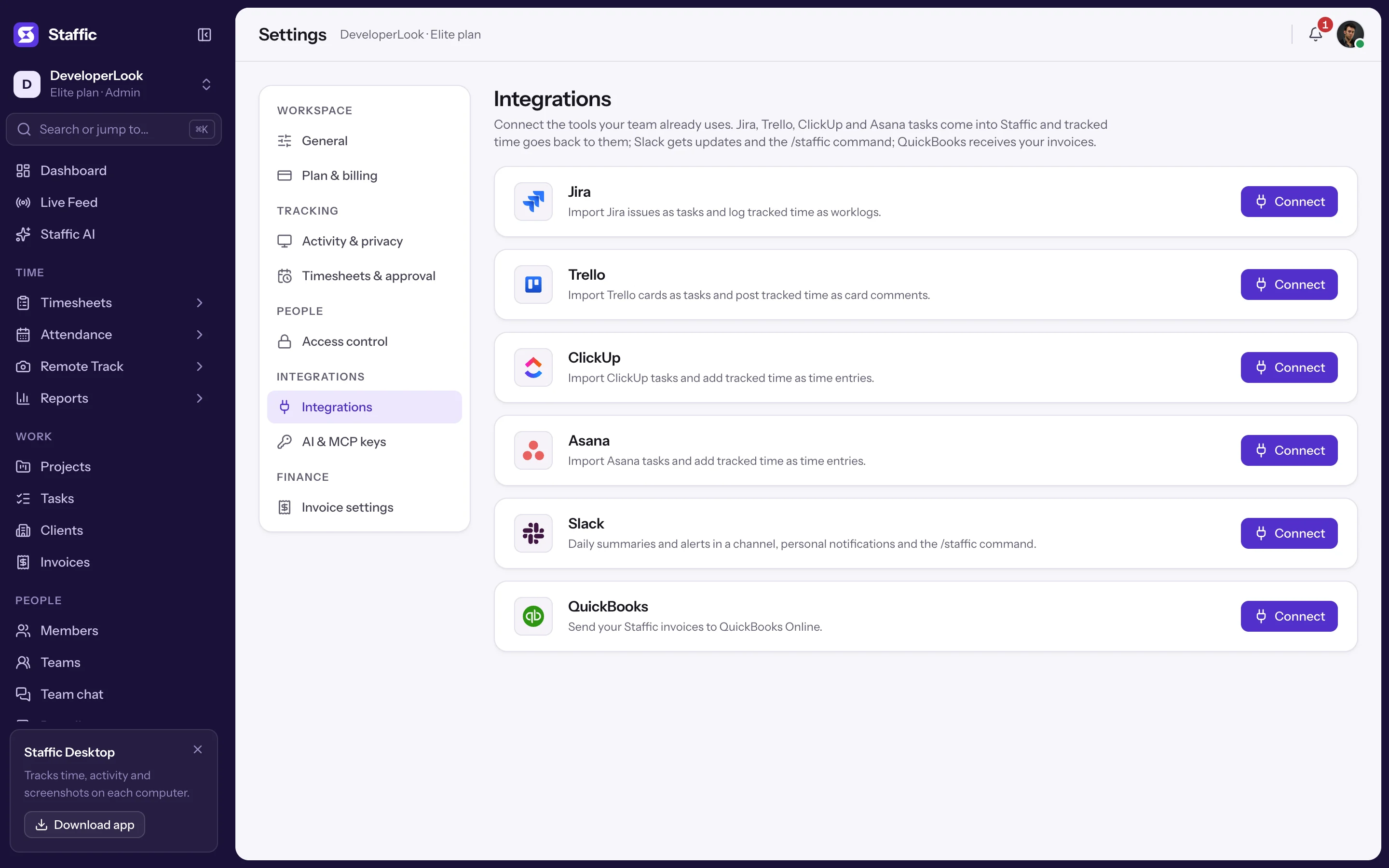 Settings > Integrations with cards for Jira, Trello, ClickUp, Asana, Slack and QuickBooks, each with a Connect button