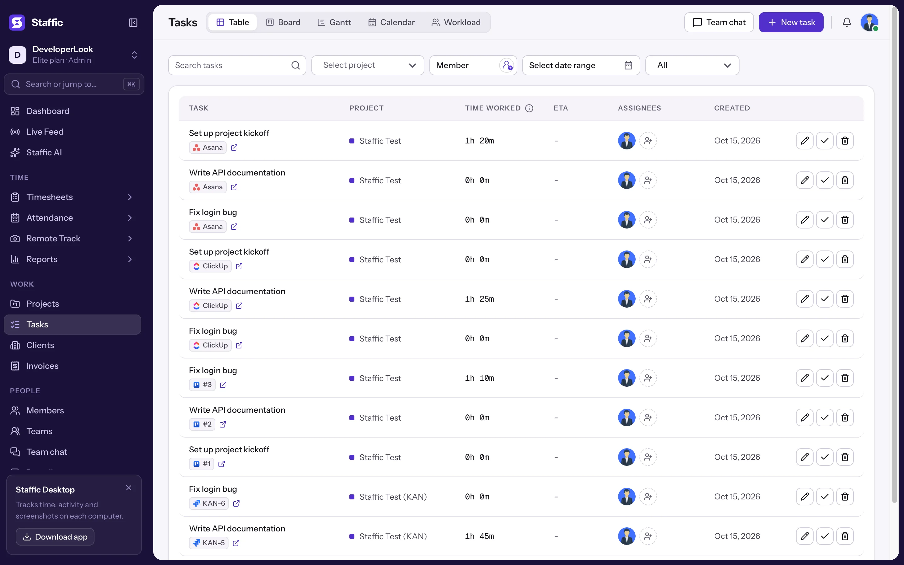 Tasks table with tasks imported from Asana, ClickUp, Trello and Jira, each with its tool badge and link
