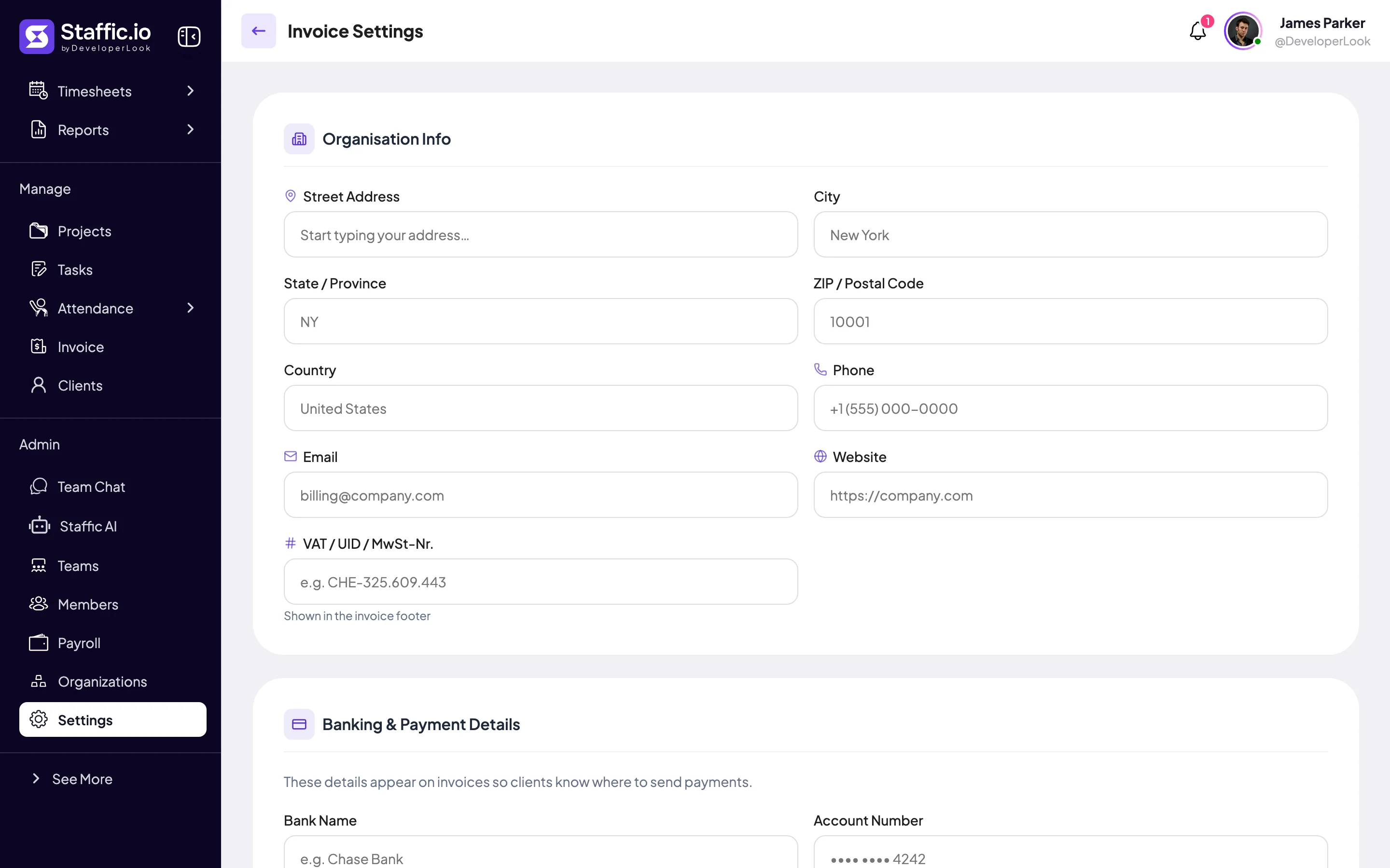 Invoice Settings with the Organisation Info fields for address, phone, email, website and VAT number