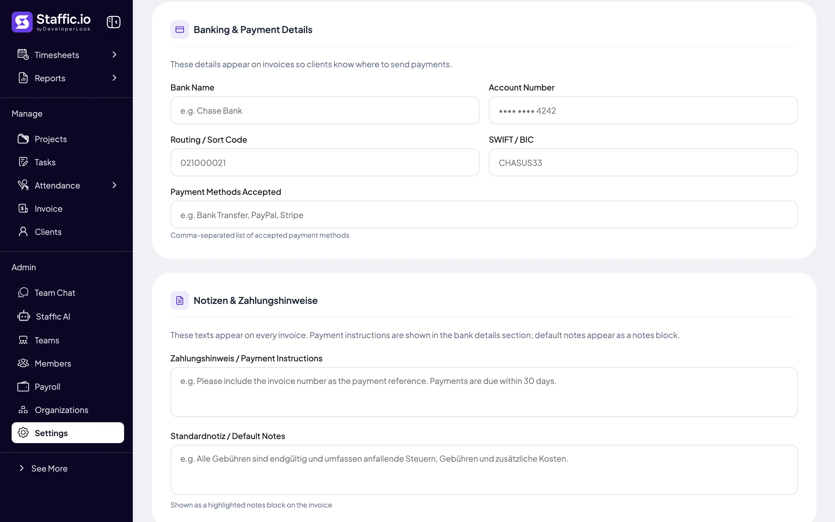 Banking and Payment Details and Notes and Payment Instructions sections with the Save Settings button
