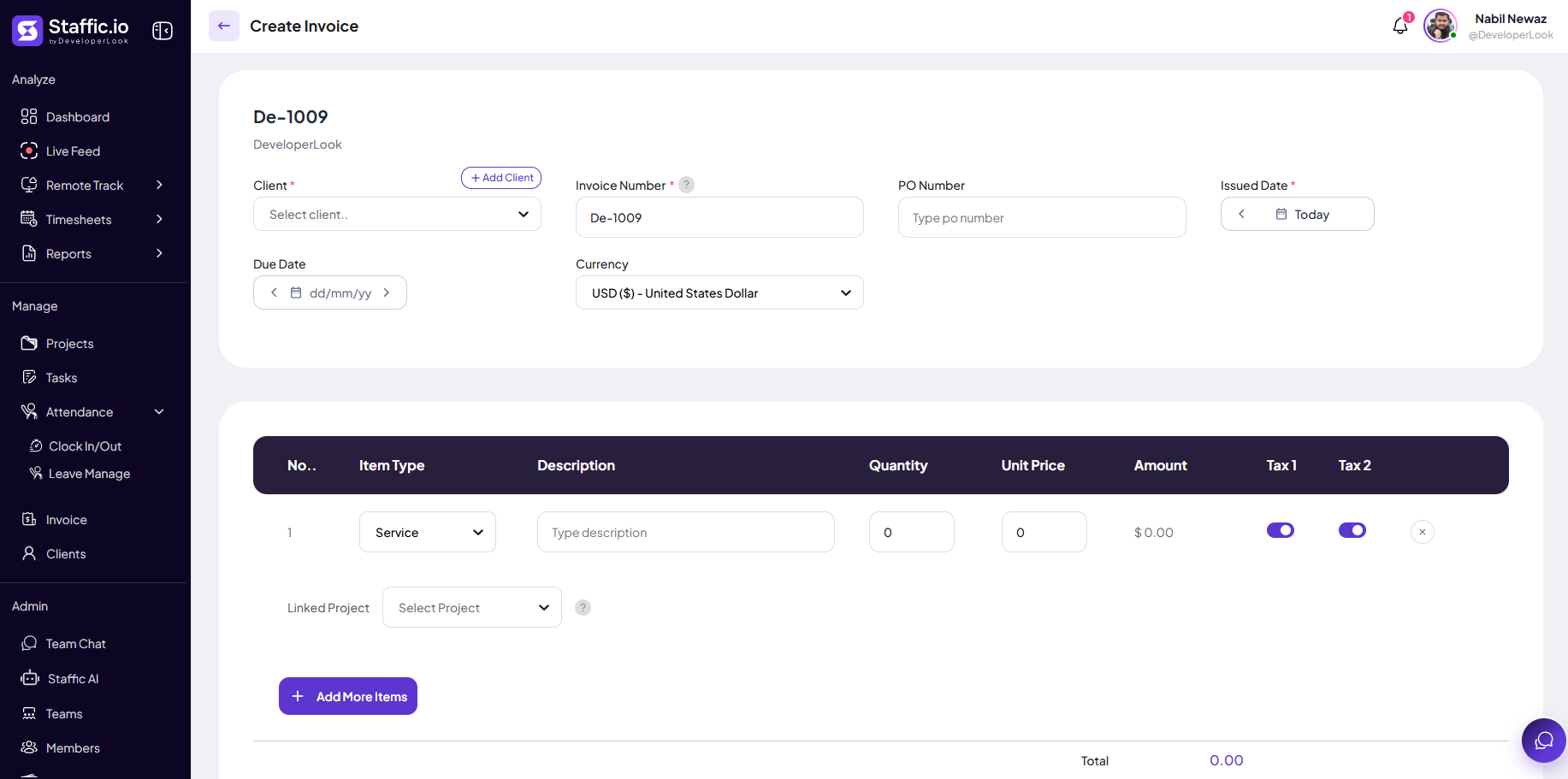 Create Invoice form with client, invoice number, PO number, dates, and currency fields