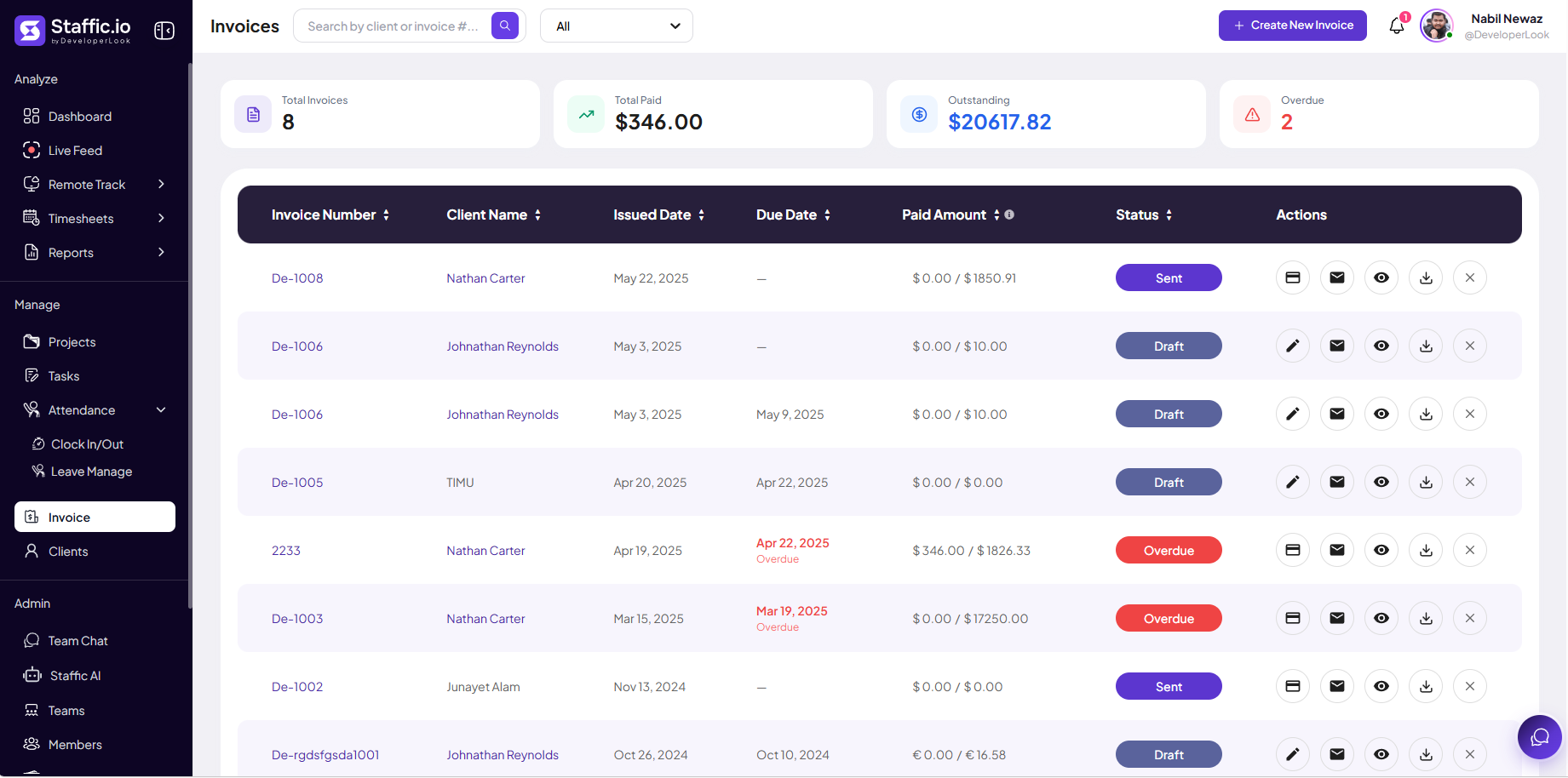 Invoices page with summary cards, invoice table, and status badges for Sent, Draft, and Overdue