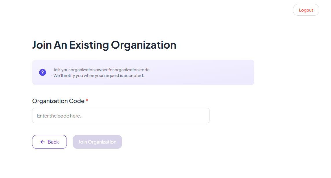 Join an existing organization screen with organization code input