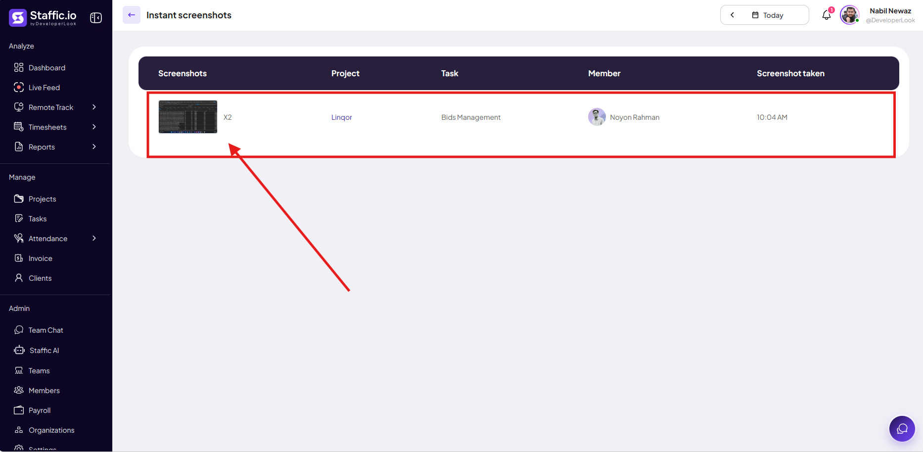 Instant screenshots log with thumbnail, project, task, member, and capture time
