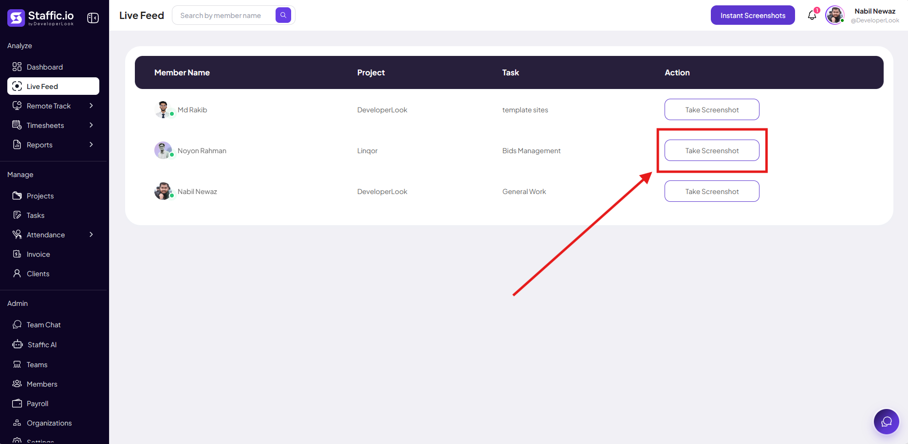 Live Feed table showing active members with project, task, and Take Screenshot action