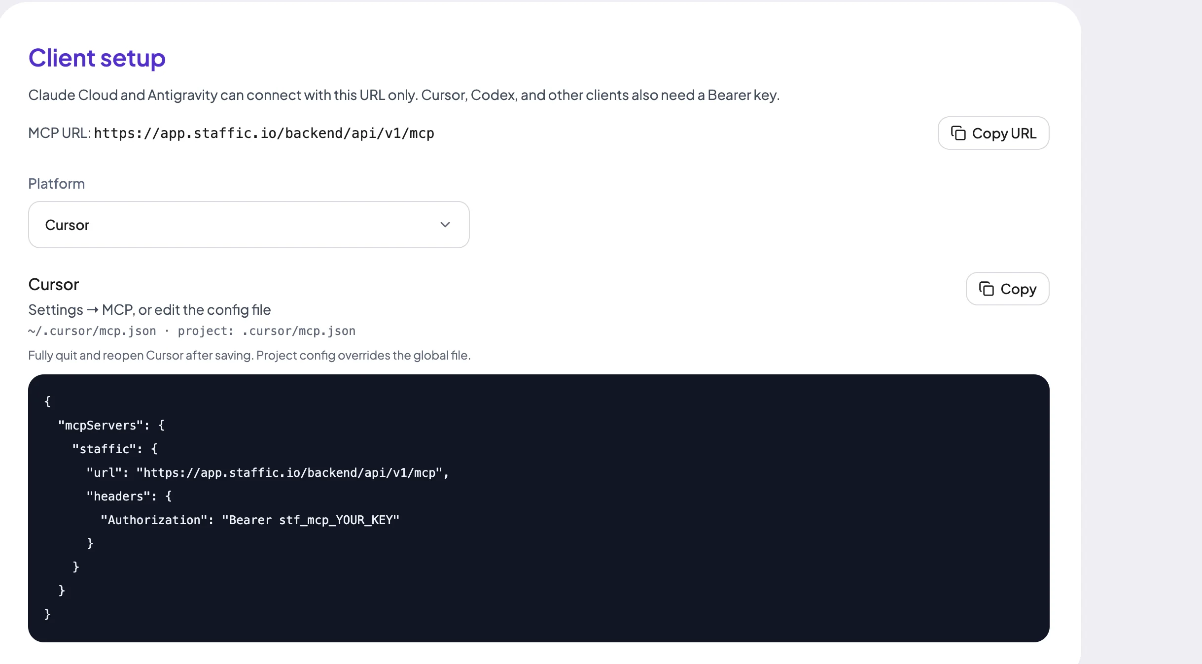 Client setup with the MCP URL, Platform menu set to Cursor and a config snippet
