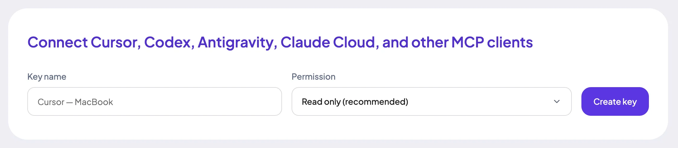 MCP / Coding agents page with a key name field, Permission menu and Create key button