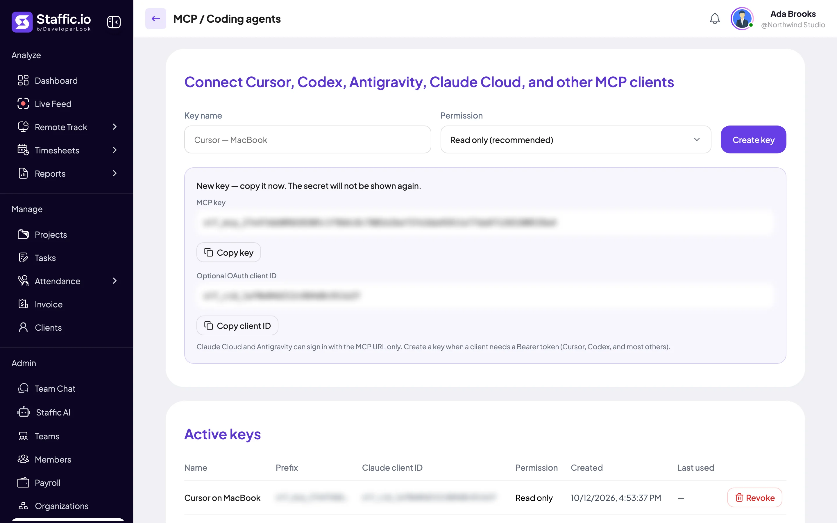 New MCP key panel with Copy key and Copy client ID buttons