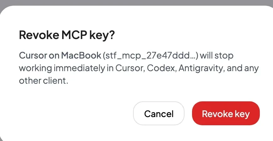 Revoke MCP key dialog with Cancel and Revoke key buttons