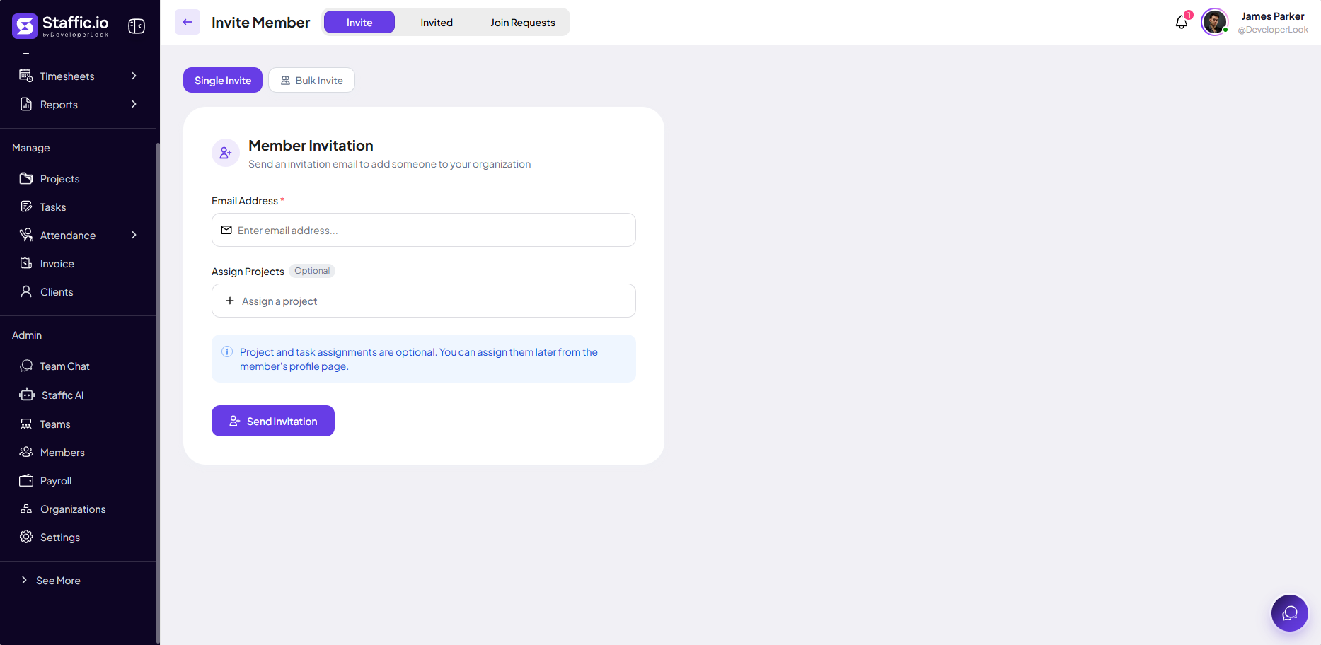 Invite Member form with email field, optional project assignment, and Send Invitation button
