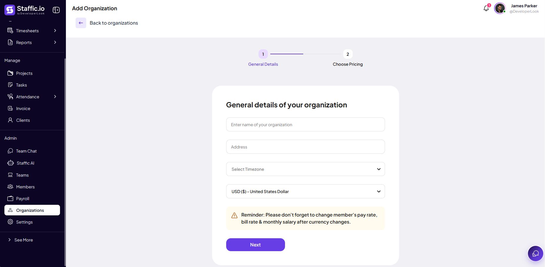 Add Organization wizard step 1 with name, address, timezone, currency, and Next button