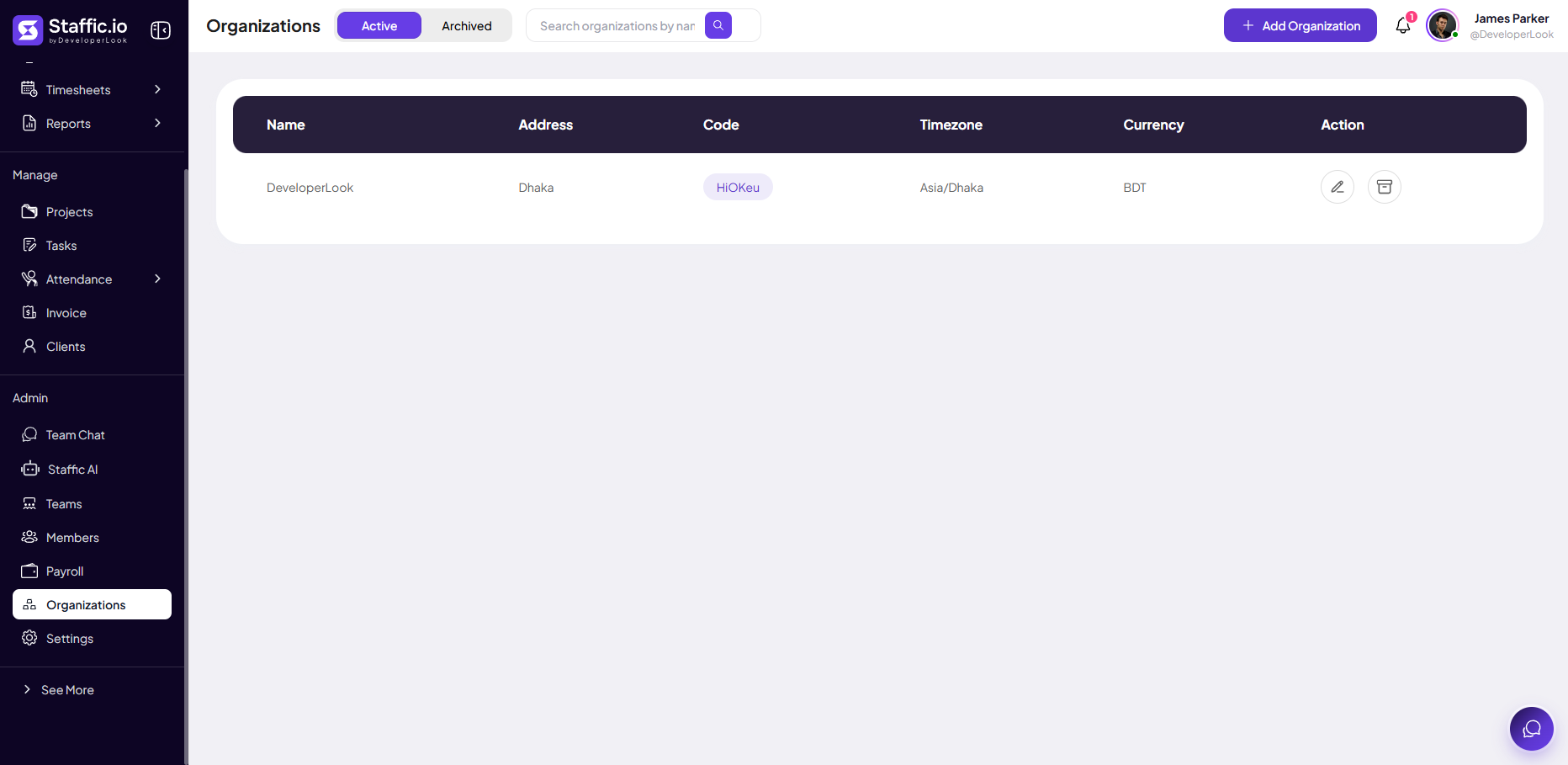 Organizations table with Name, Address, Code, Timezone, Currency, and edit actions