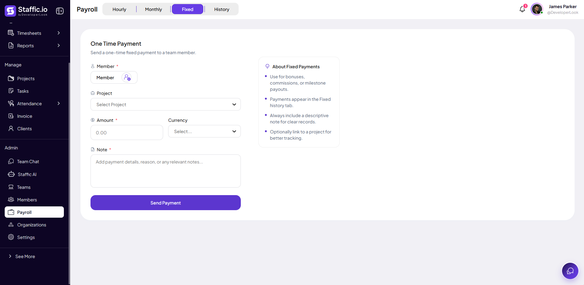 Payroll Fixed tab with one-time payment form for member, amount, currency, and note