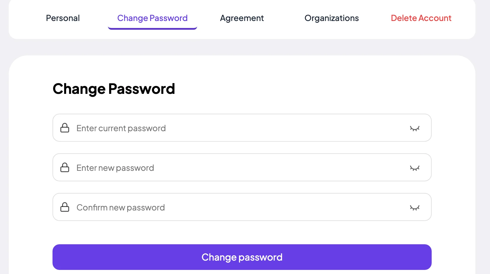 Change Password tab with current, new and confirm password fields and the password rules checklist