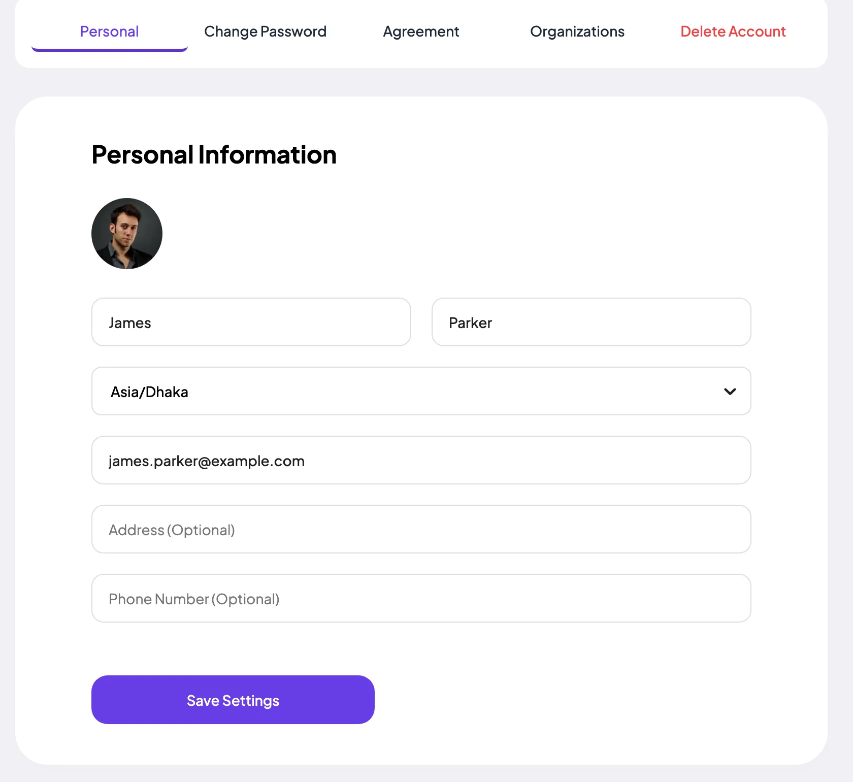 Profile Settings Personal tab with photo, name, time zone, email, address and phone fields and a Save Settings button