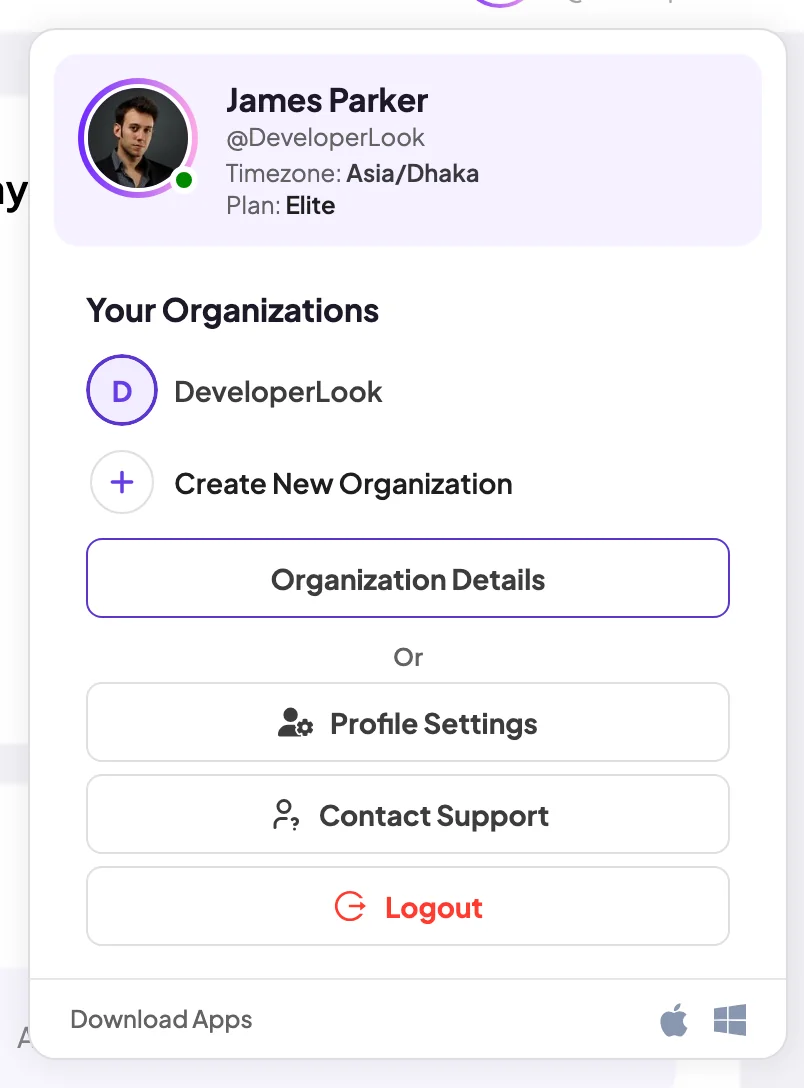 Open profile menu with the user's details, Your Organizations, Profile Settings, Contact Support, Logout and Download Apps
