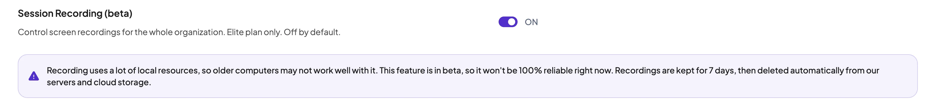 Session Recording (beta) switched on in Activity Settings, with its beta notice