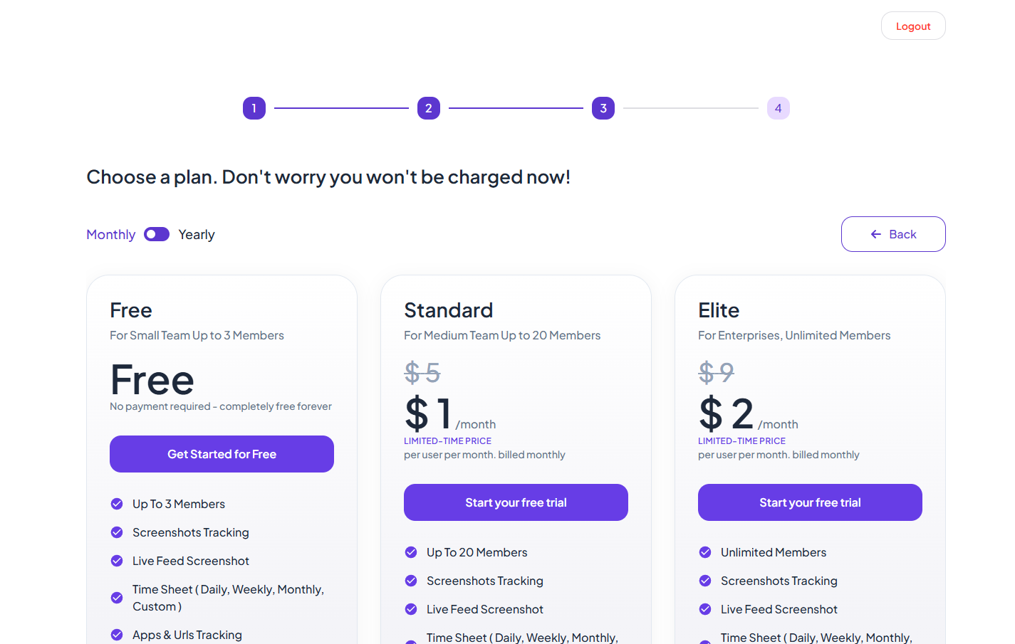 Choose a plan screen with Free, Standard, and Elite options