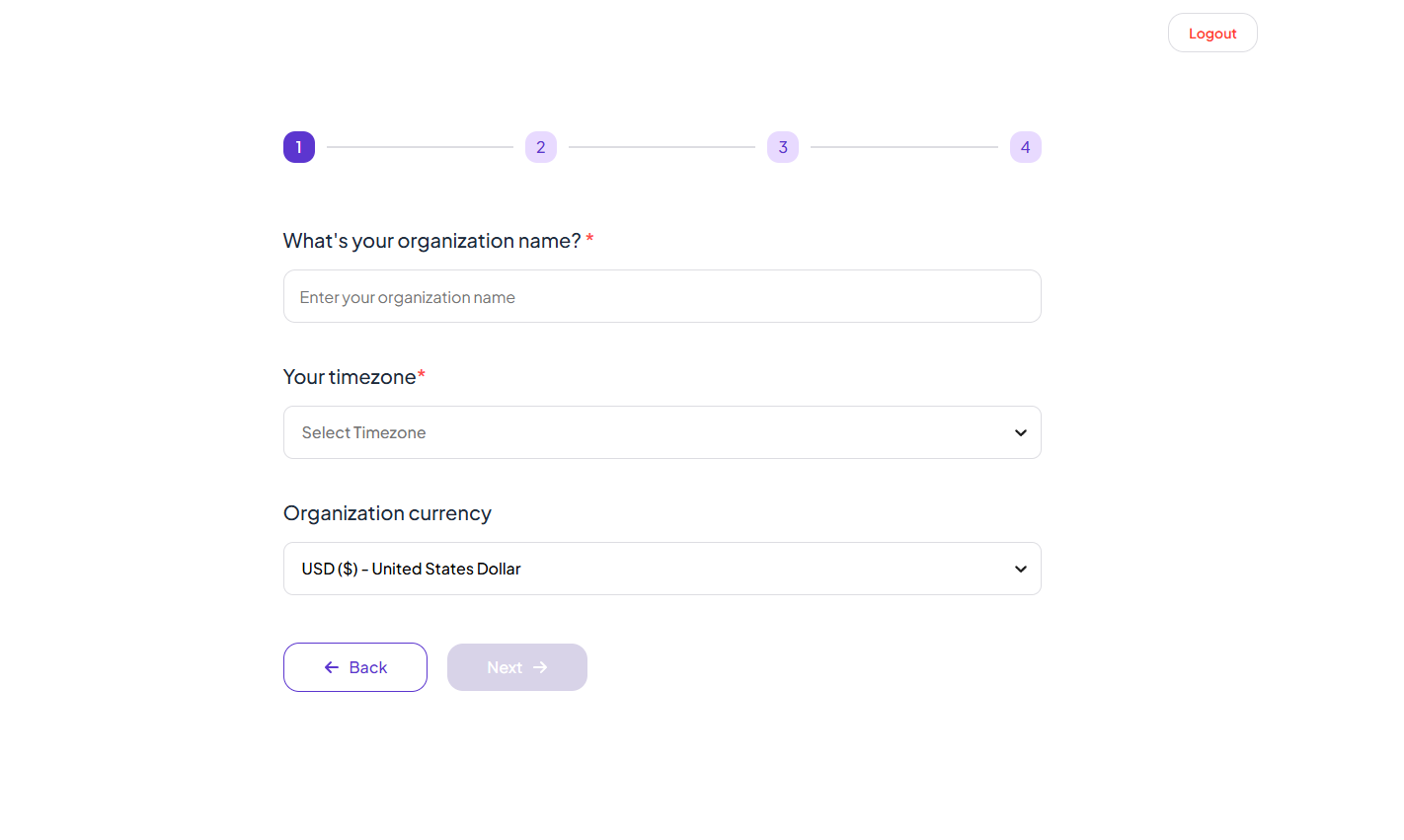 Organization name, timezone, and currency form — step 1 of 4