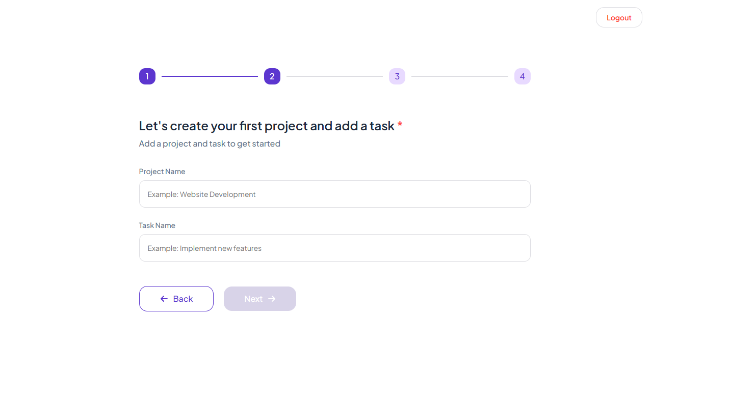 First project and task form — step 2 of 4