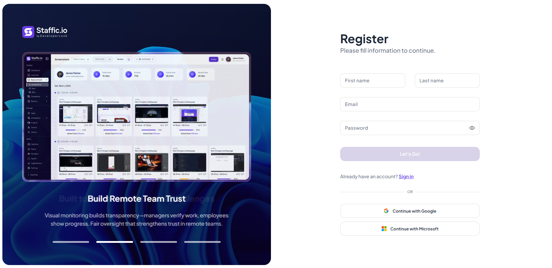 Staffic registration form with name, email, and password fields