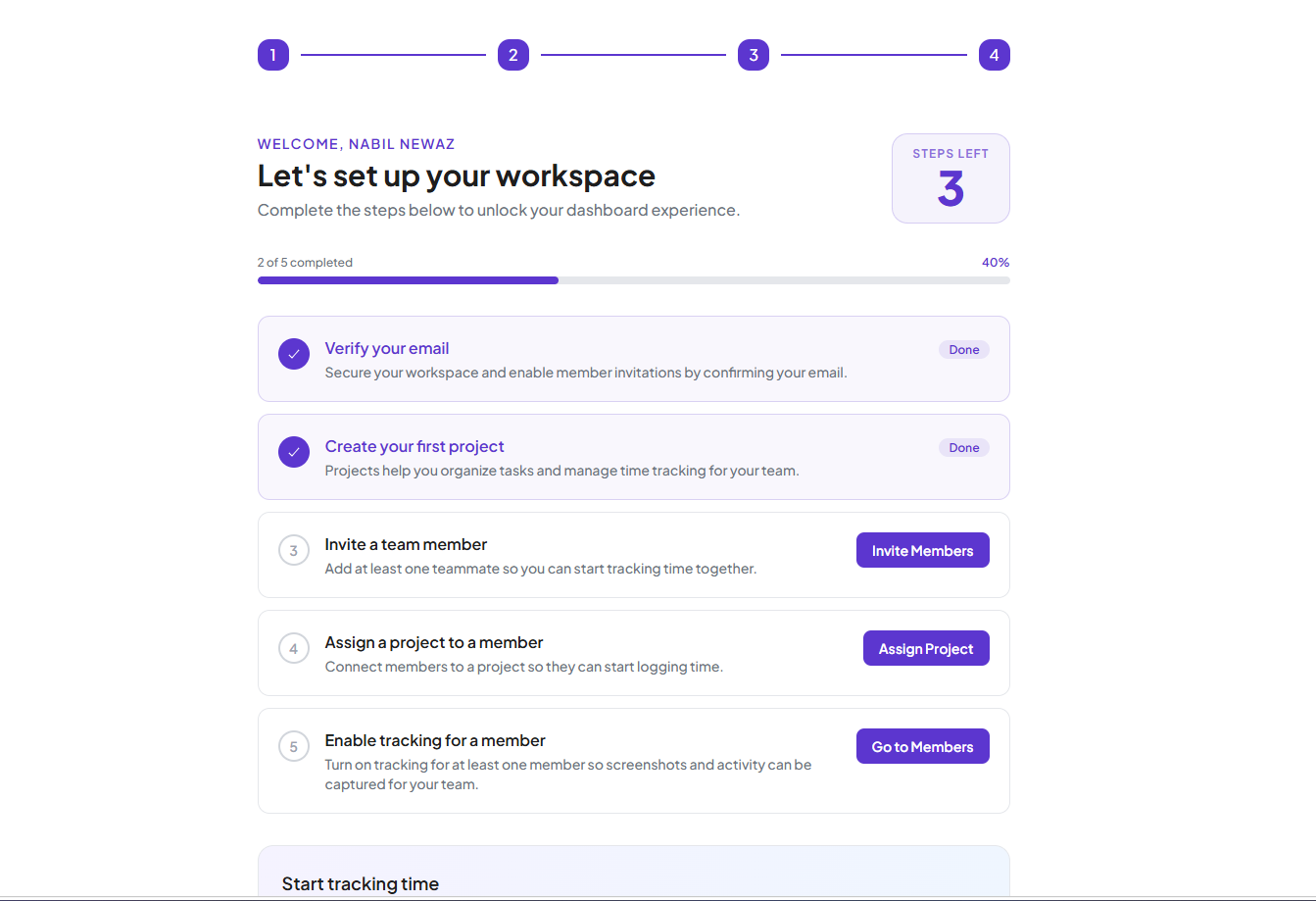 Workspace setup checklist with remaining onboarding steps