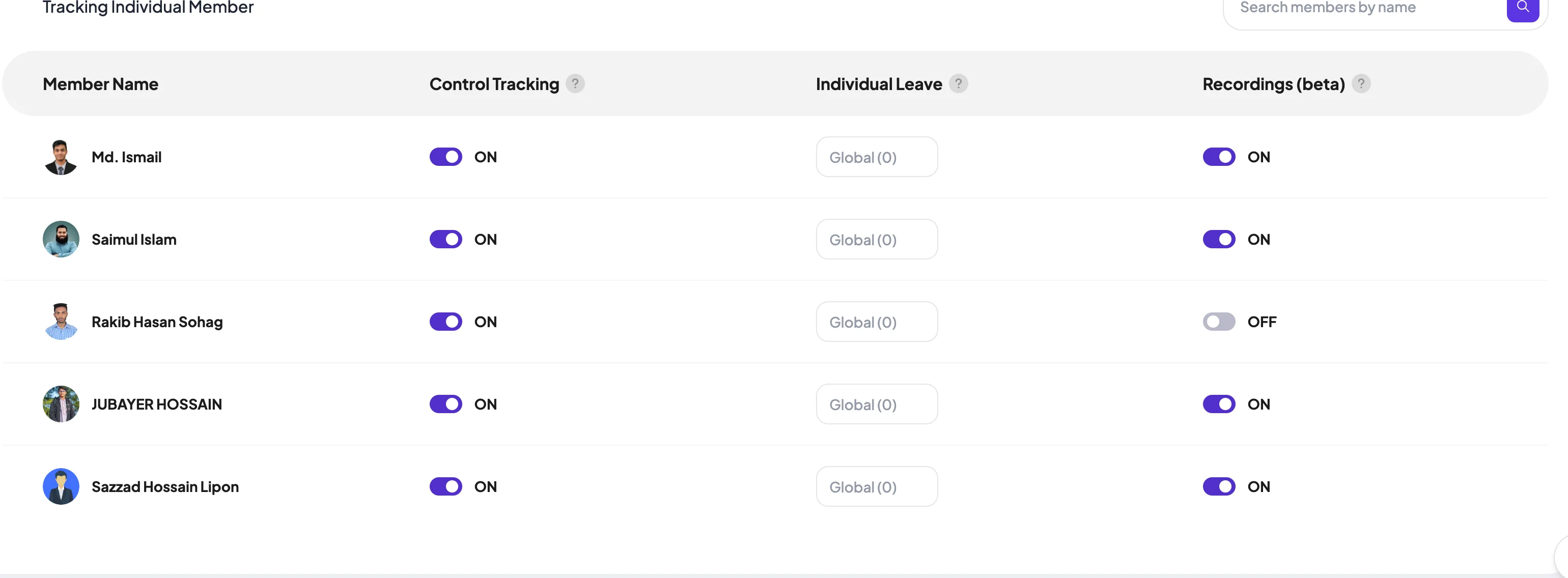 Tracking Individual Member list with Control Tracking, Individual Leave and Recordings columns