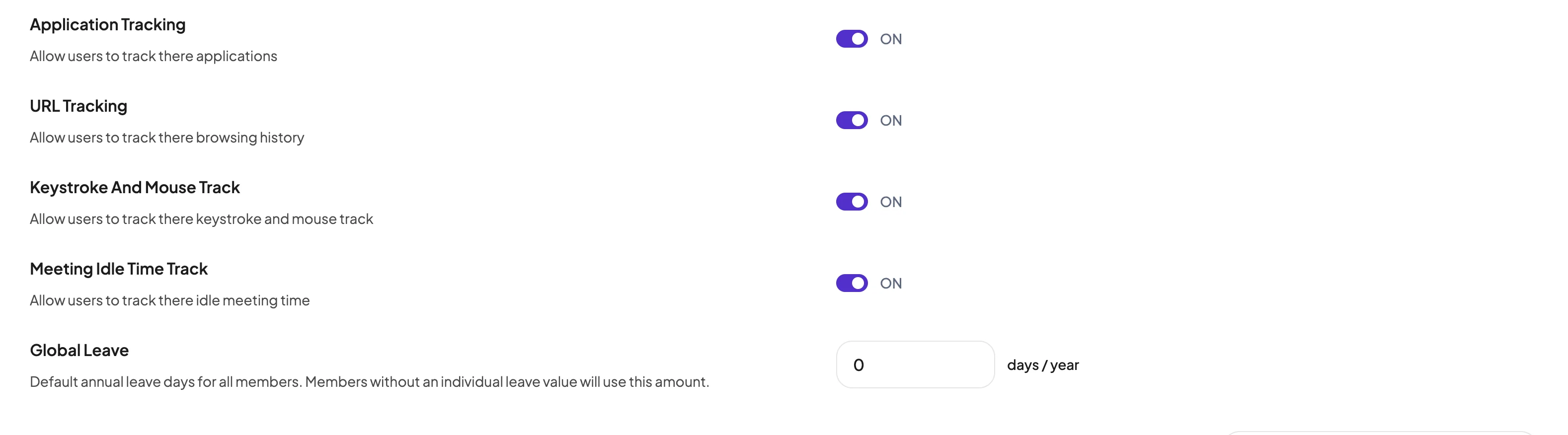 Application, URL, keystroke and mouse, and meeting idle time switches above the Global Leave box