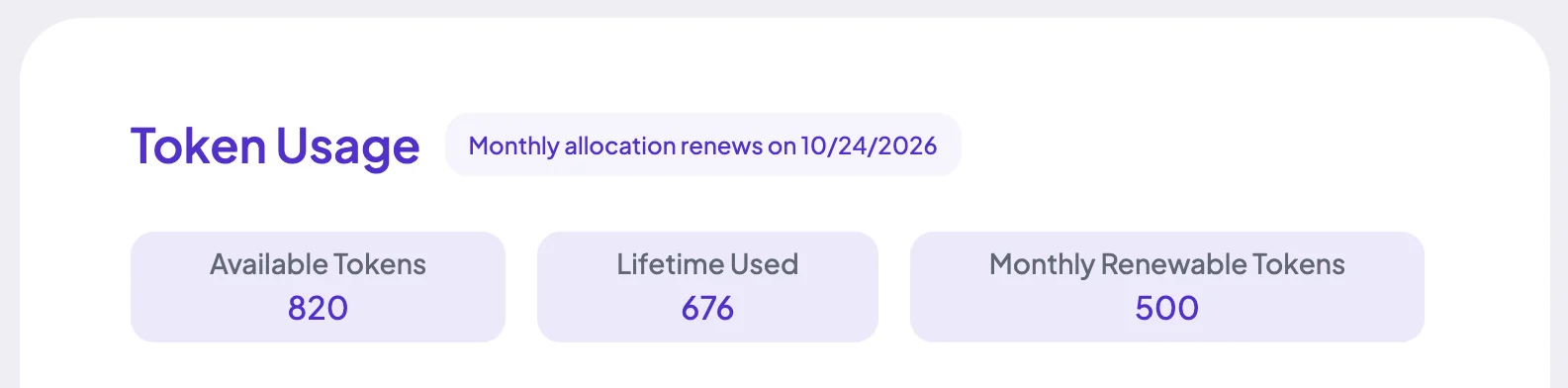 Token Usage with Available Tokens, Lifetime Used and Monthly Renewable Tokens and the renewal date